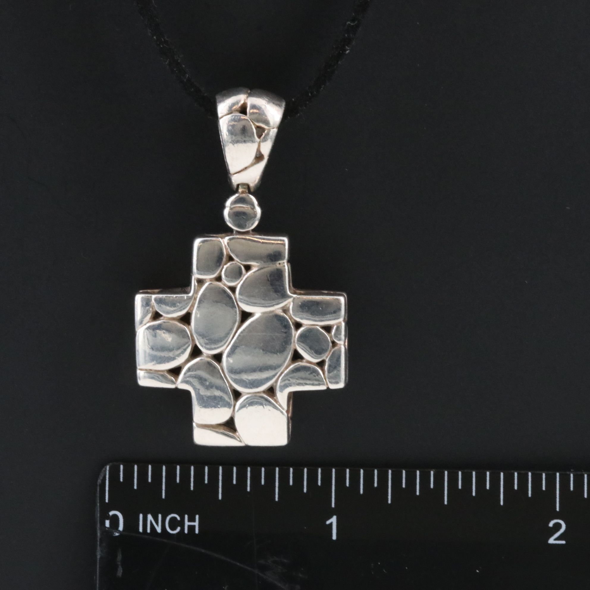 John Hardy Kali Pebble Sterling Cross Pendant with a Black Leather Cord