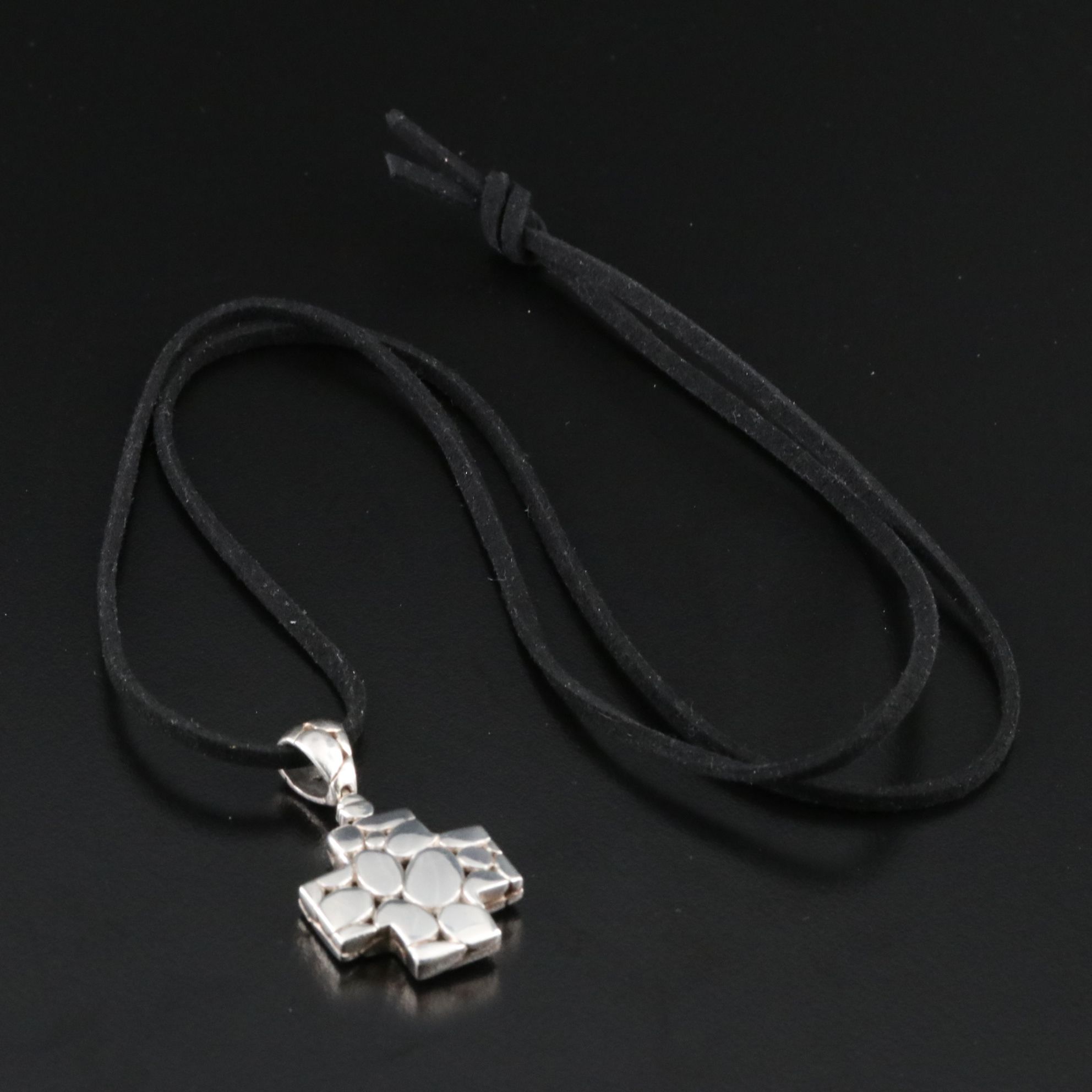 John Hardy Kali Pebble Sterling Cross Pendant with a Black Leather Cord