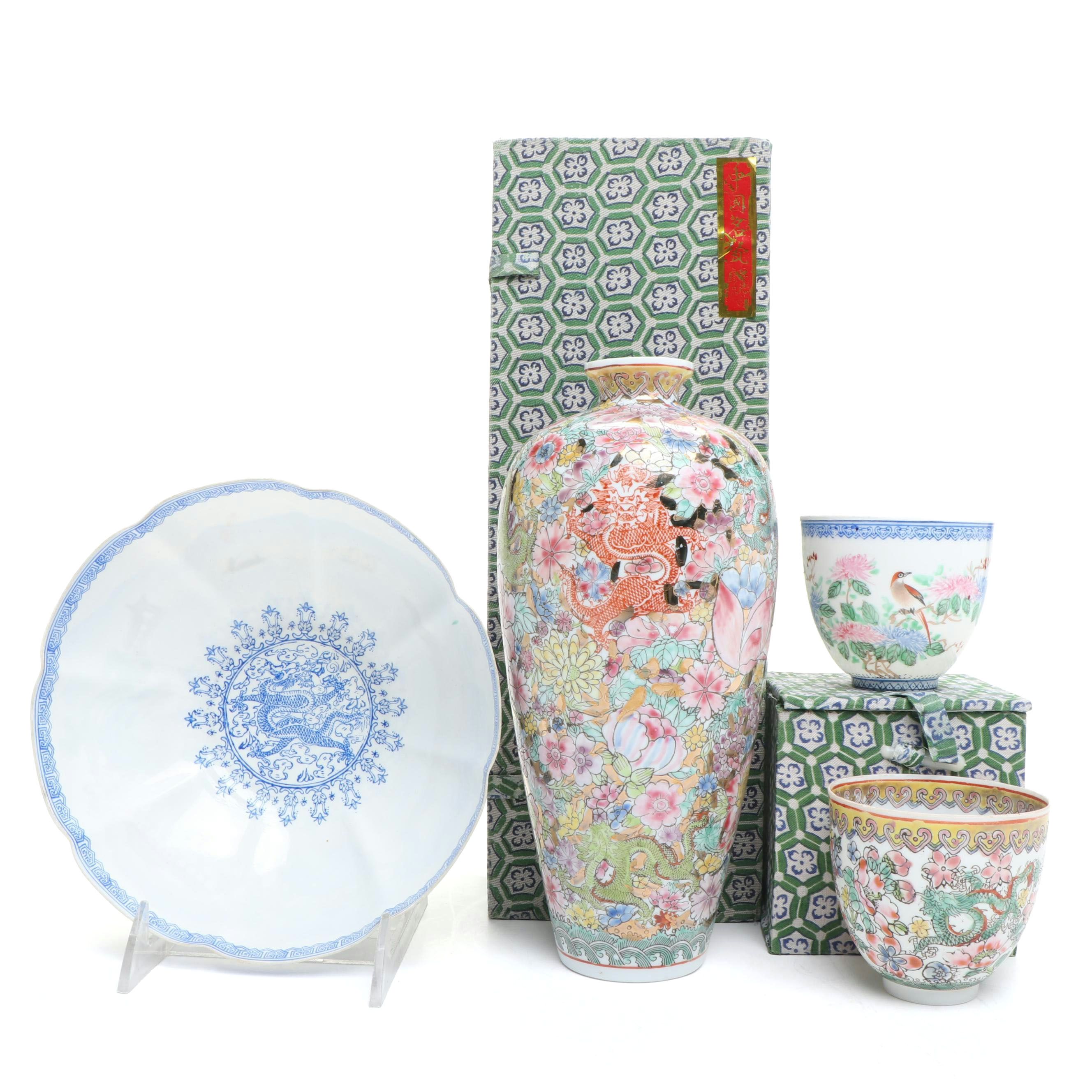 Chinese Porcelain 1000 Flowers Vase with Egg Shell Bowls and More