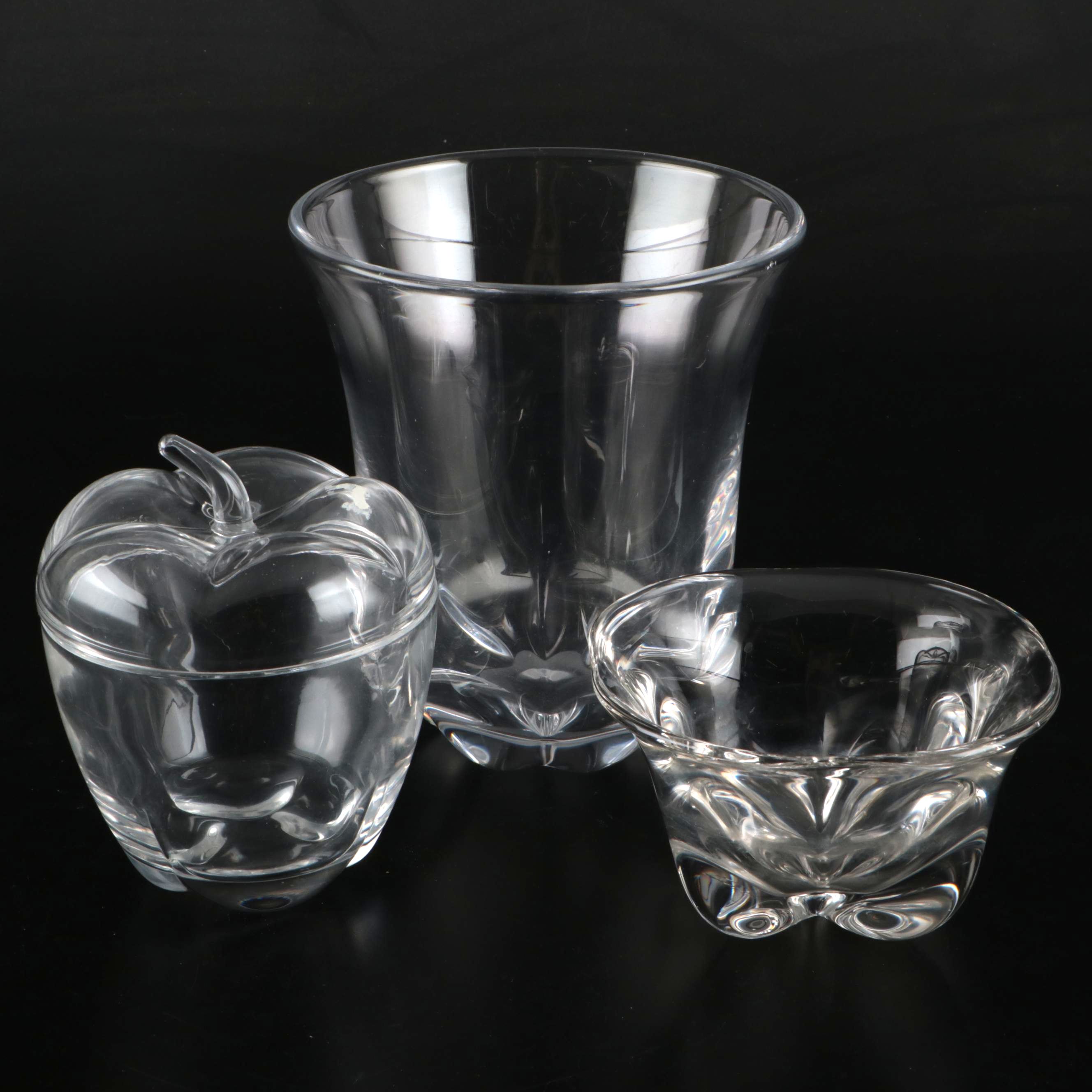 Orrefors and Other Glass Vases with Candy Apple Lidded Jar