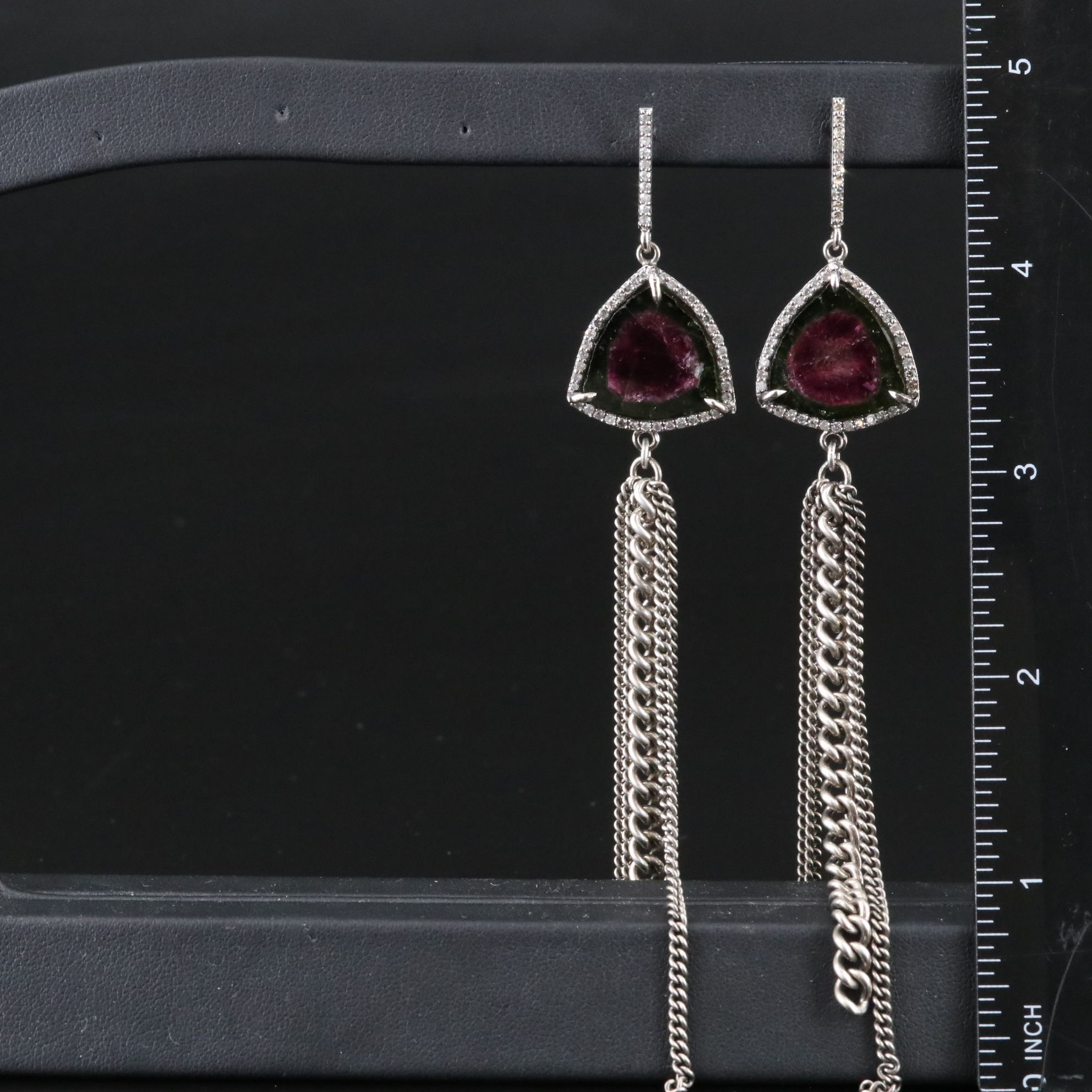 Sheryl Lowe Sterling Watermelon Tourmaline and Diamond Tassel Earrings