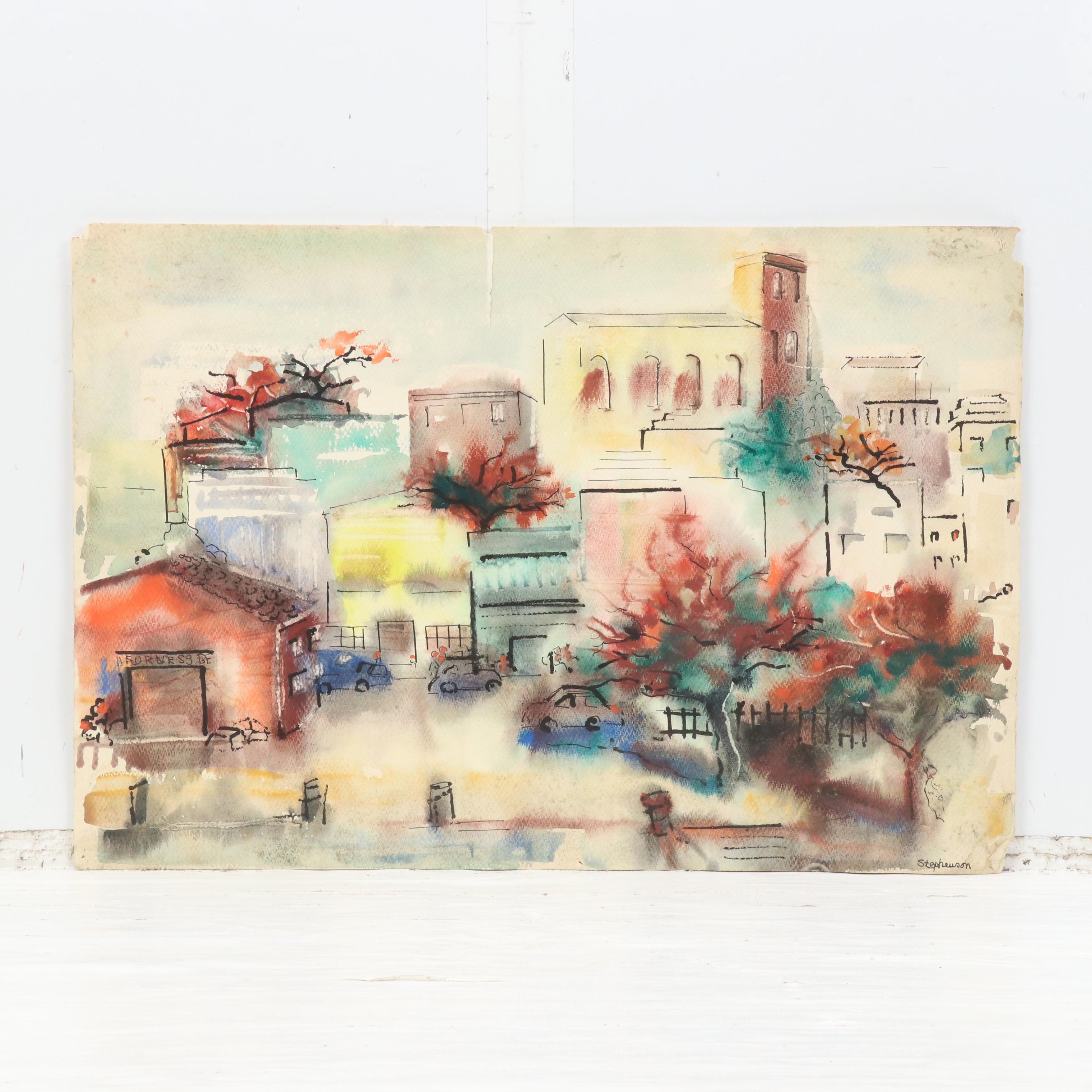 Watercolor and Ink Painting of Stylized Cityscape and Still Life Oil Painting