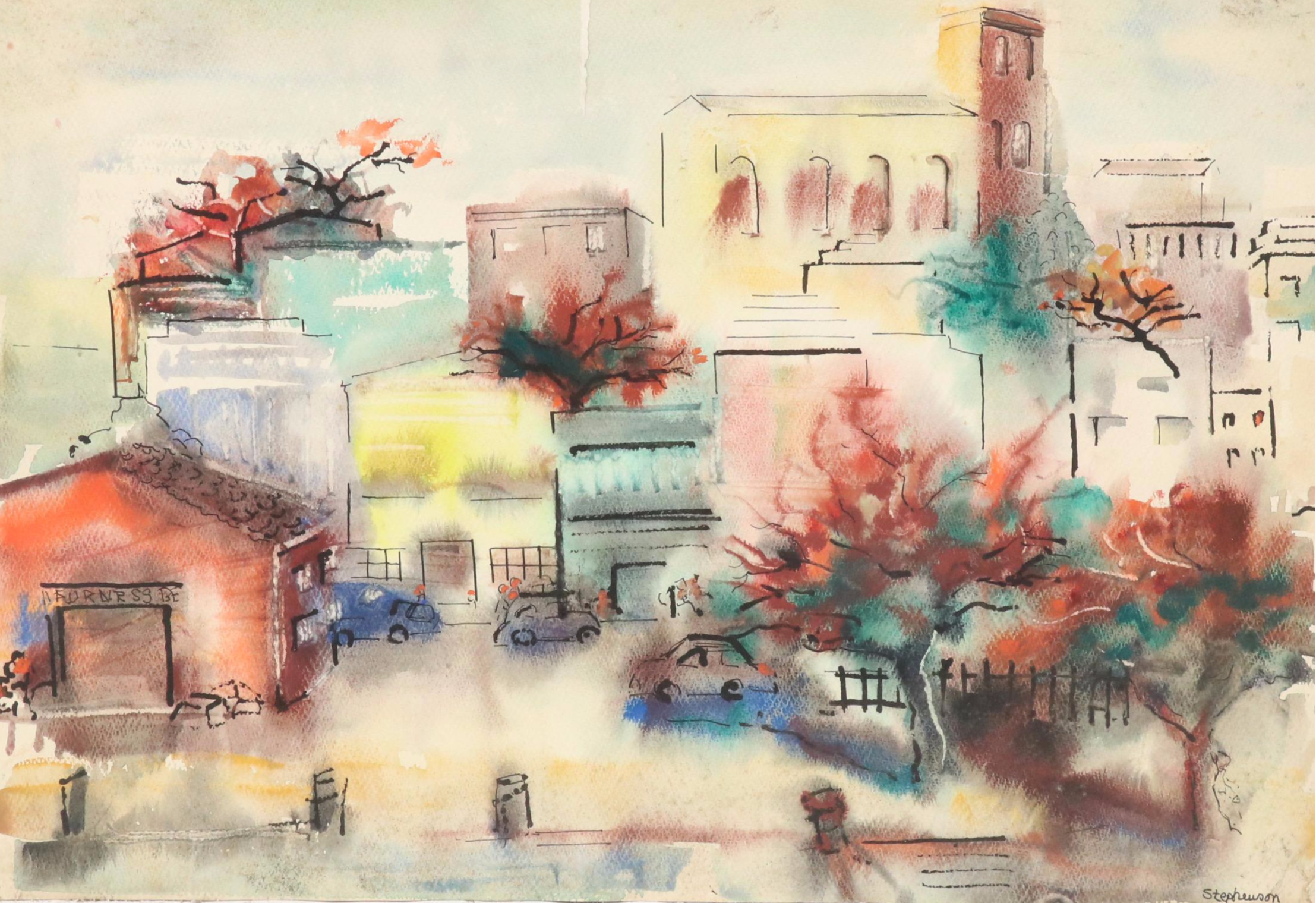 Watercolor and Ink Painting of Stylized Cityscape and Still Life Oil Painting