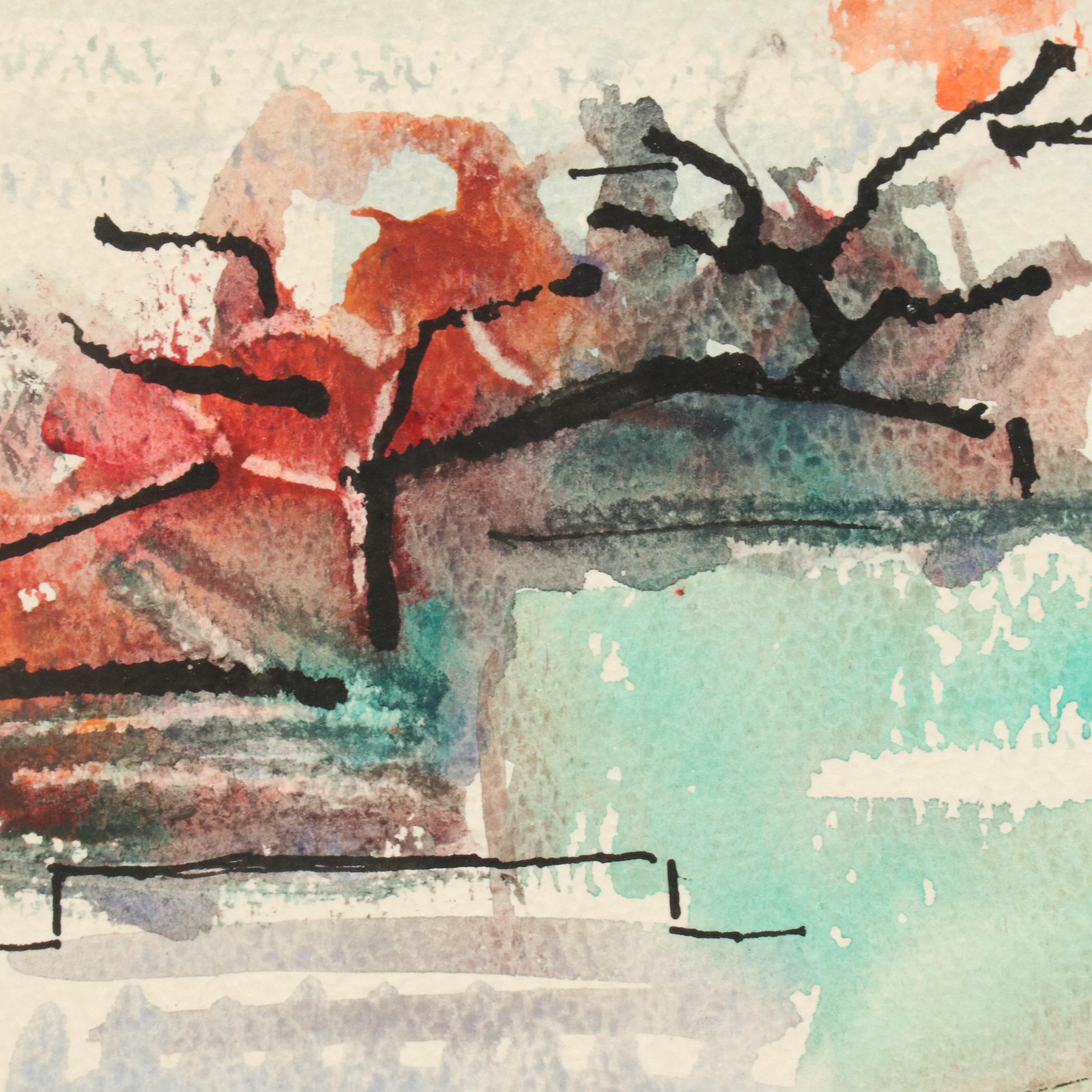 Watercolor and Ink Painting of Stylized Cityscape and Still Life Oil Painting