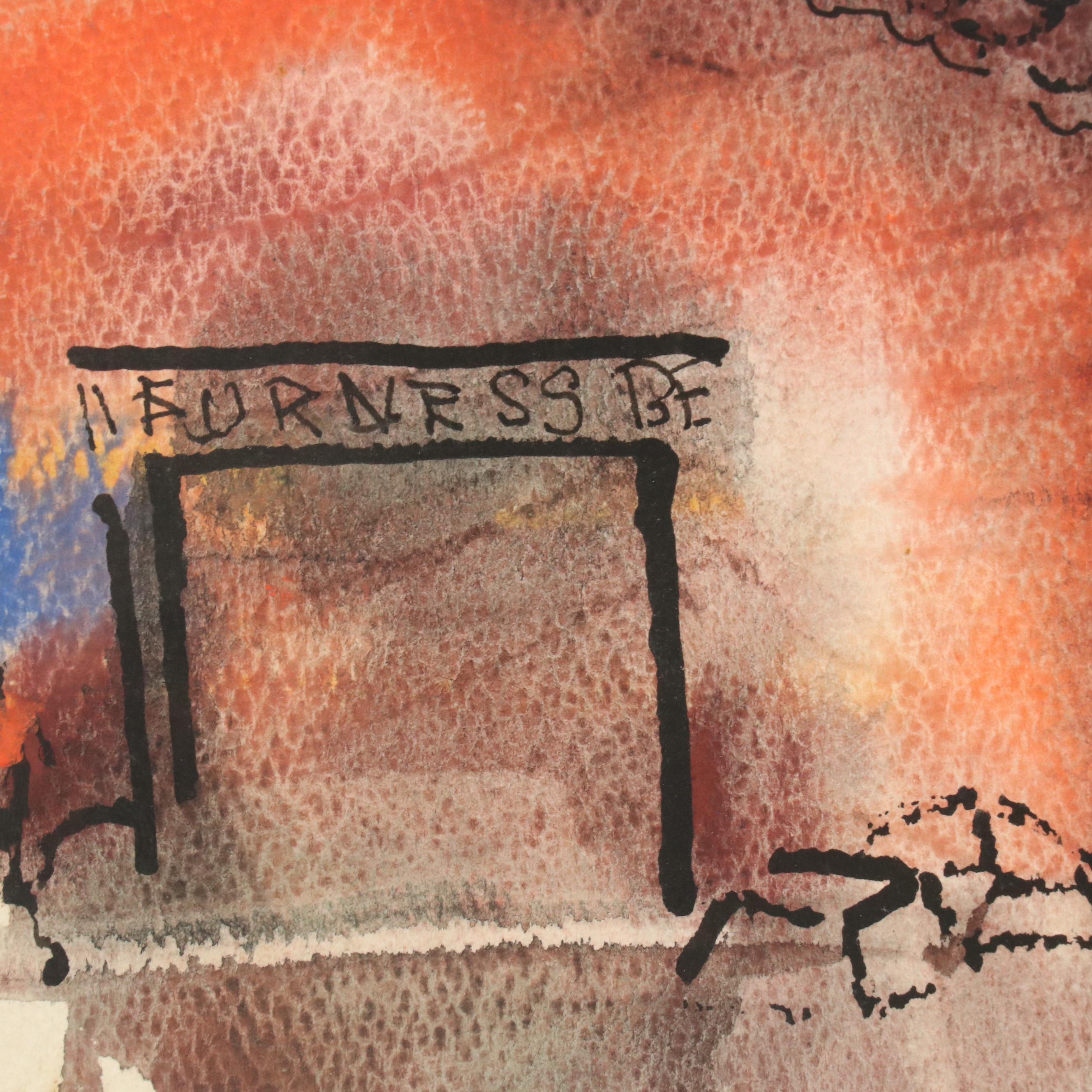 Watercolor and Ink Painting of Stylized Cityscape and Still Life Oil Painting