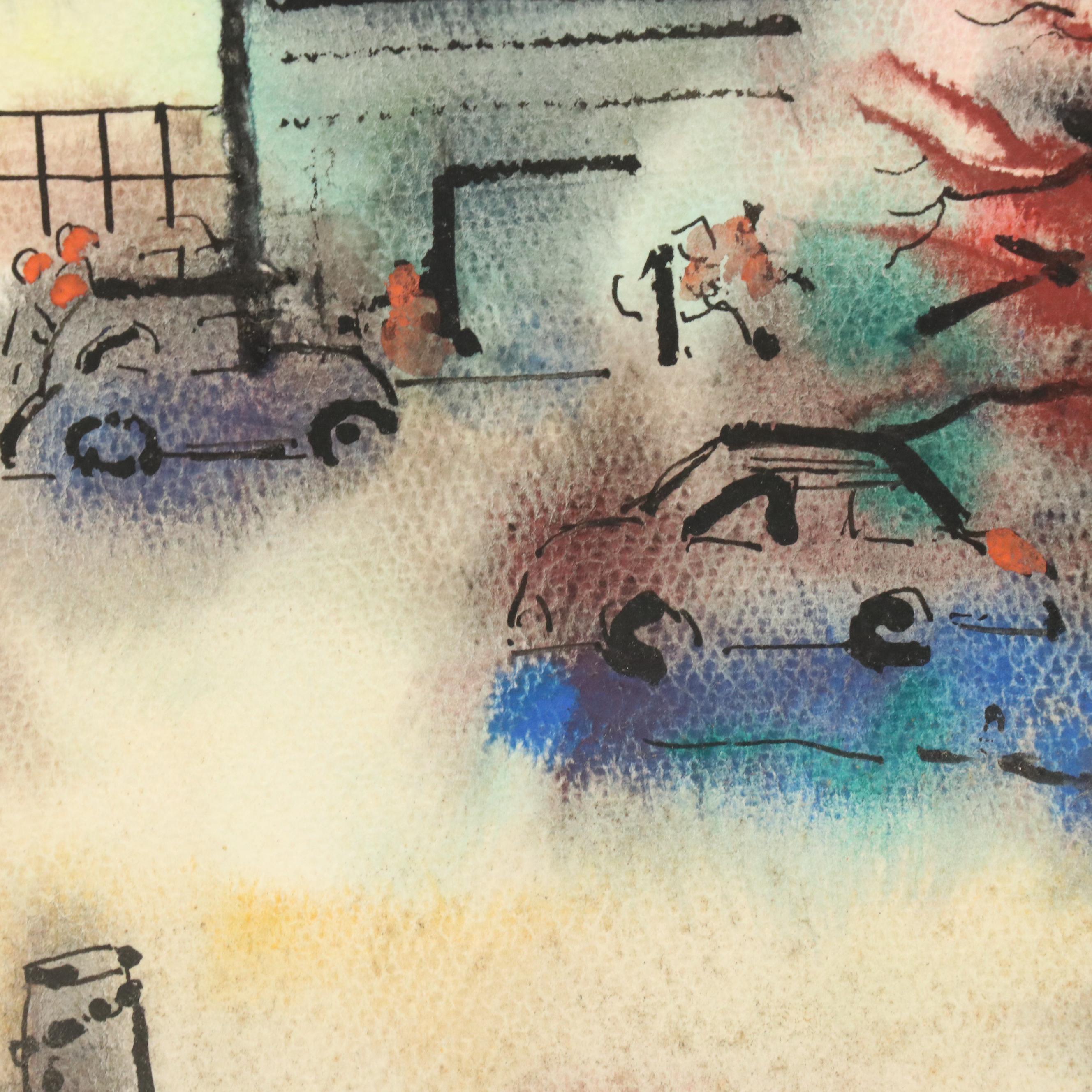 Watercolor and Ink Painting of Stylized Cityscape and Still Life Oil Painting