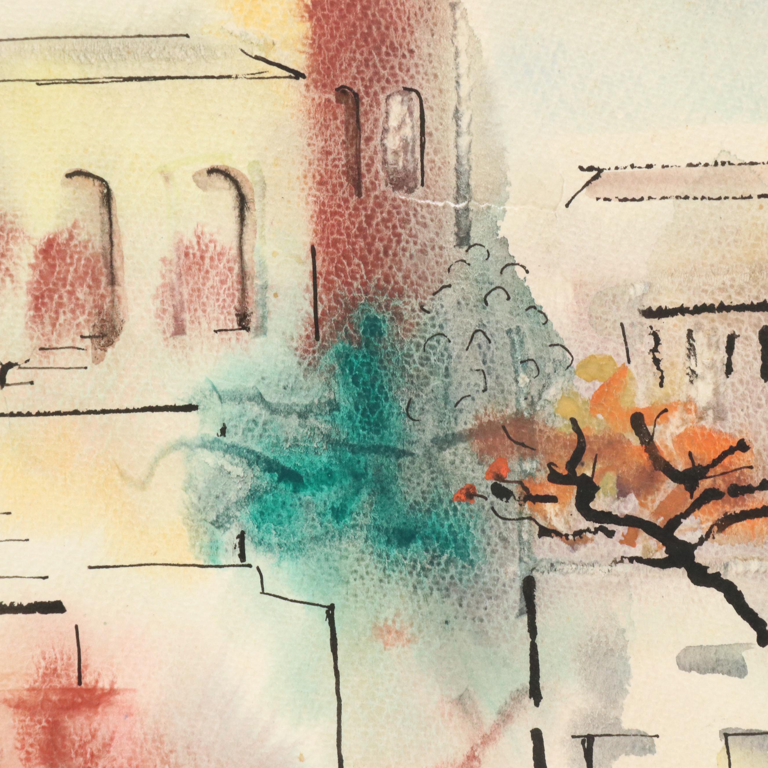 Watercolor and Ink Painting of Stylized Cityscape and Still Life Oil Painting