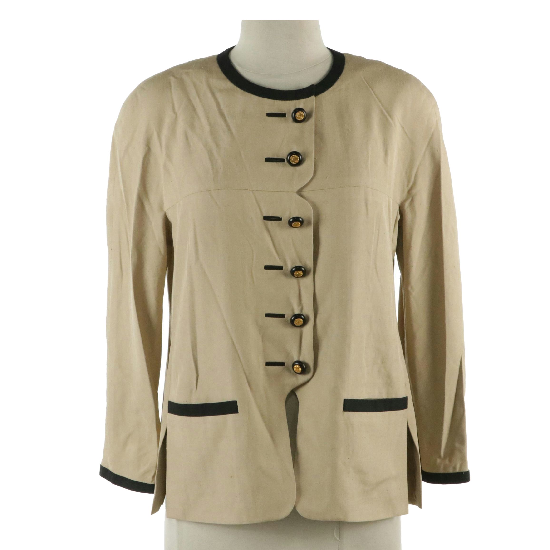 Chanel Boutique Collarless Jacket with Contrast Ribbon Trim in Silk Shantung