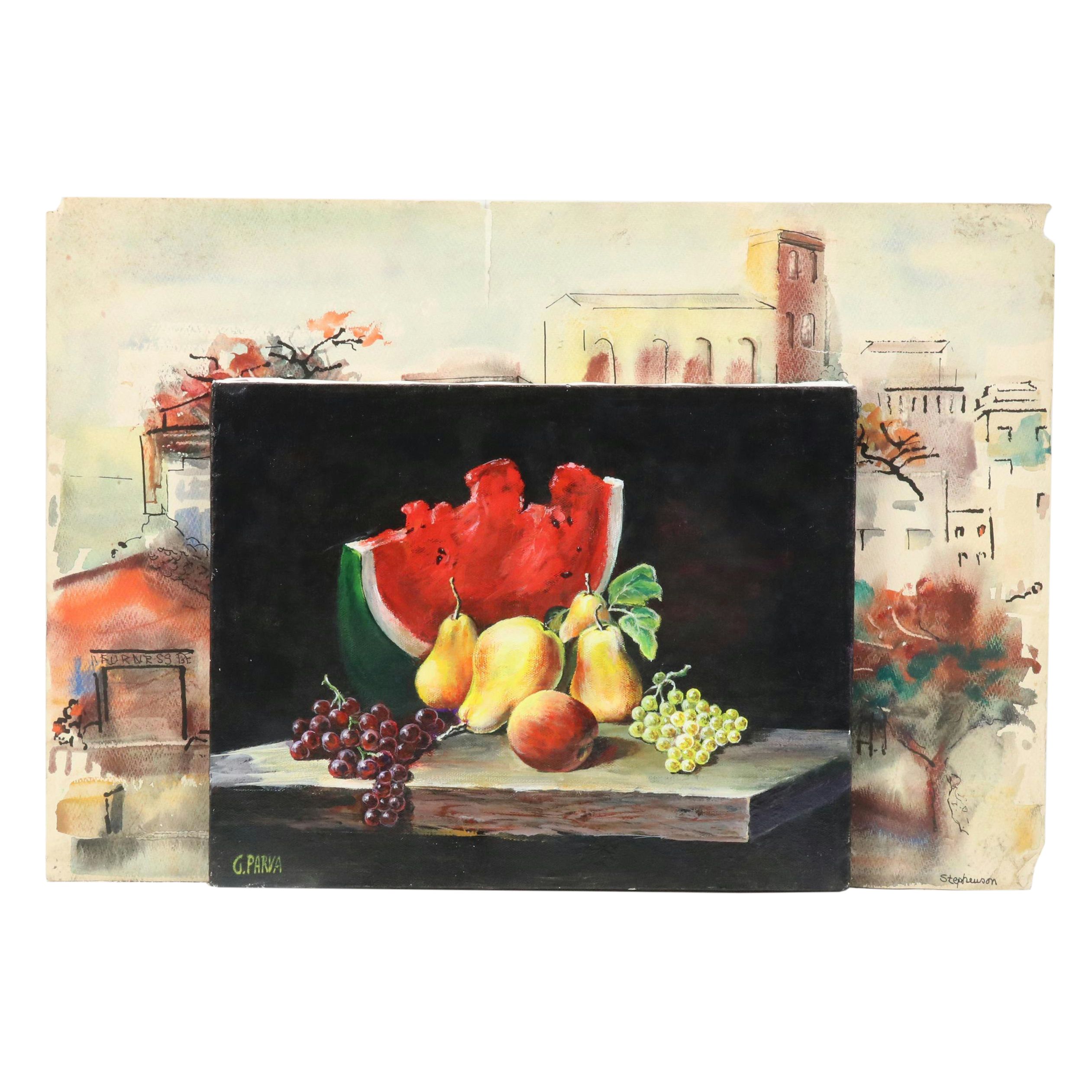 Watercolor and Ink Painting of Stylized Cityscape and Still Life Oil Painting
