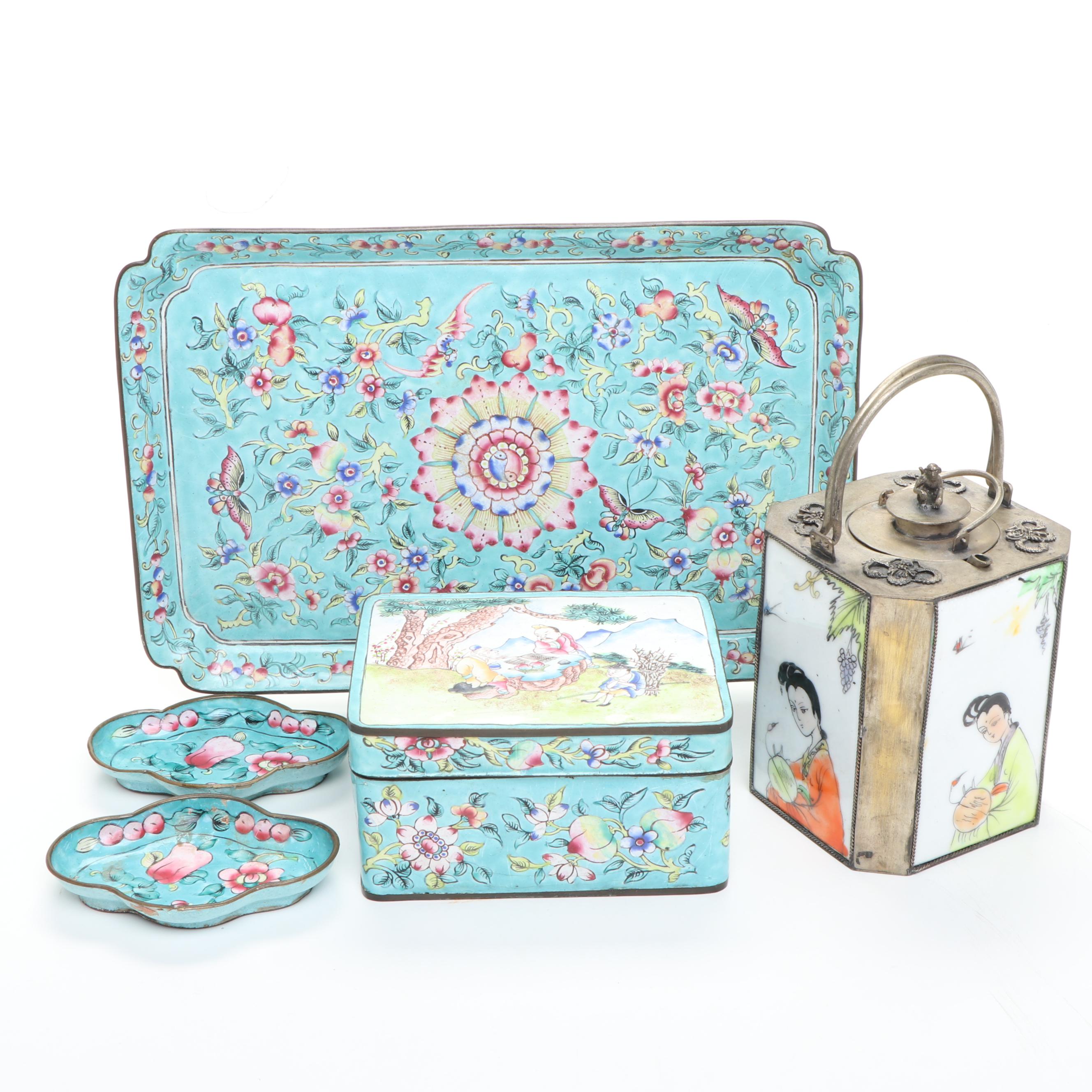 Chinese Peking Enamel Box with Other Decor and Porcelain Teapot
