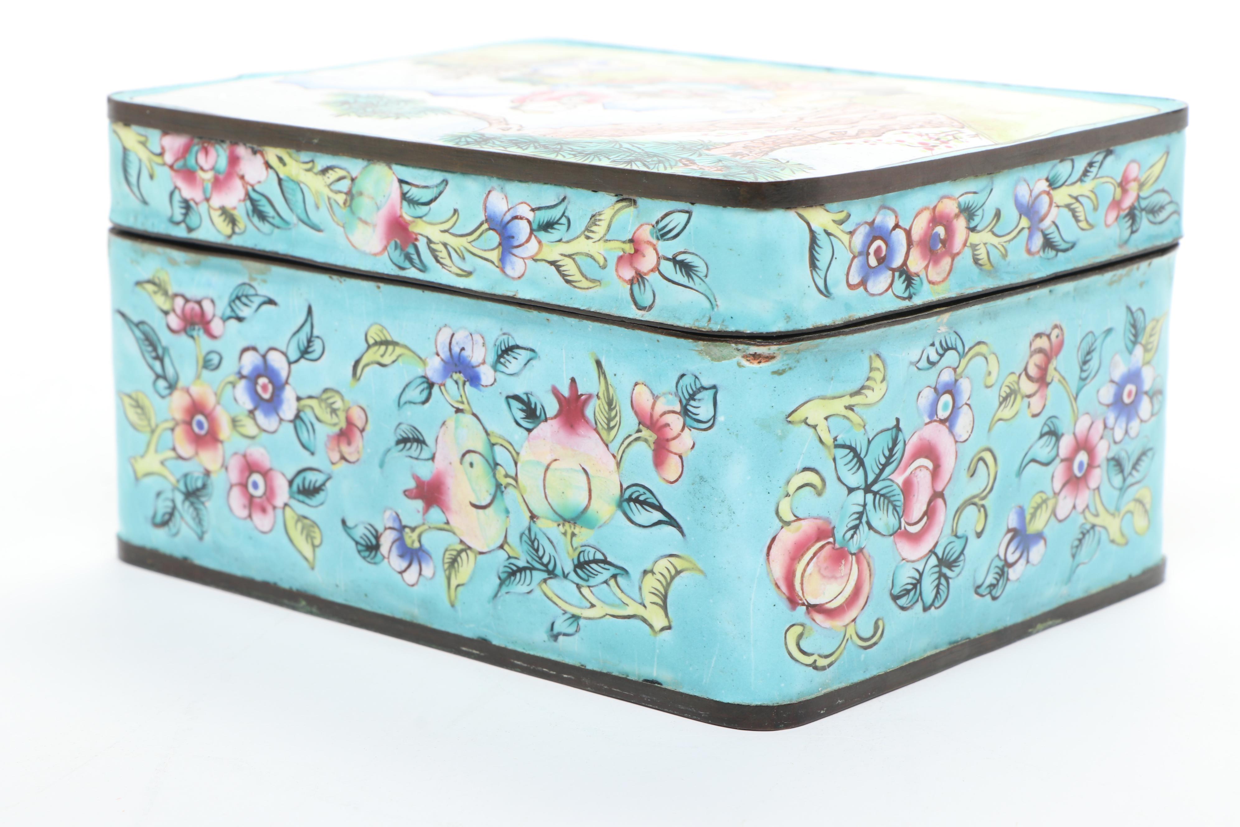 Chinese Peking Enamel Box with Other Decor and Porcelain Teapot