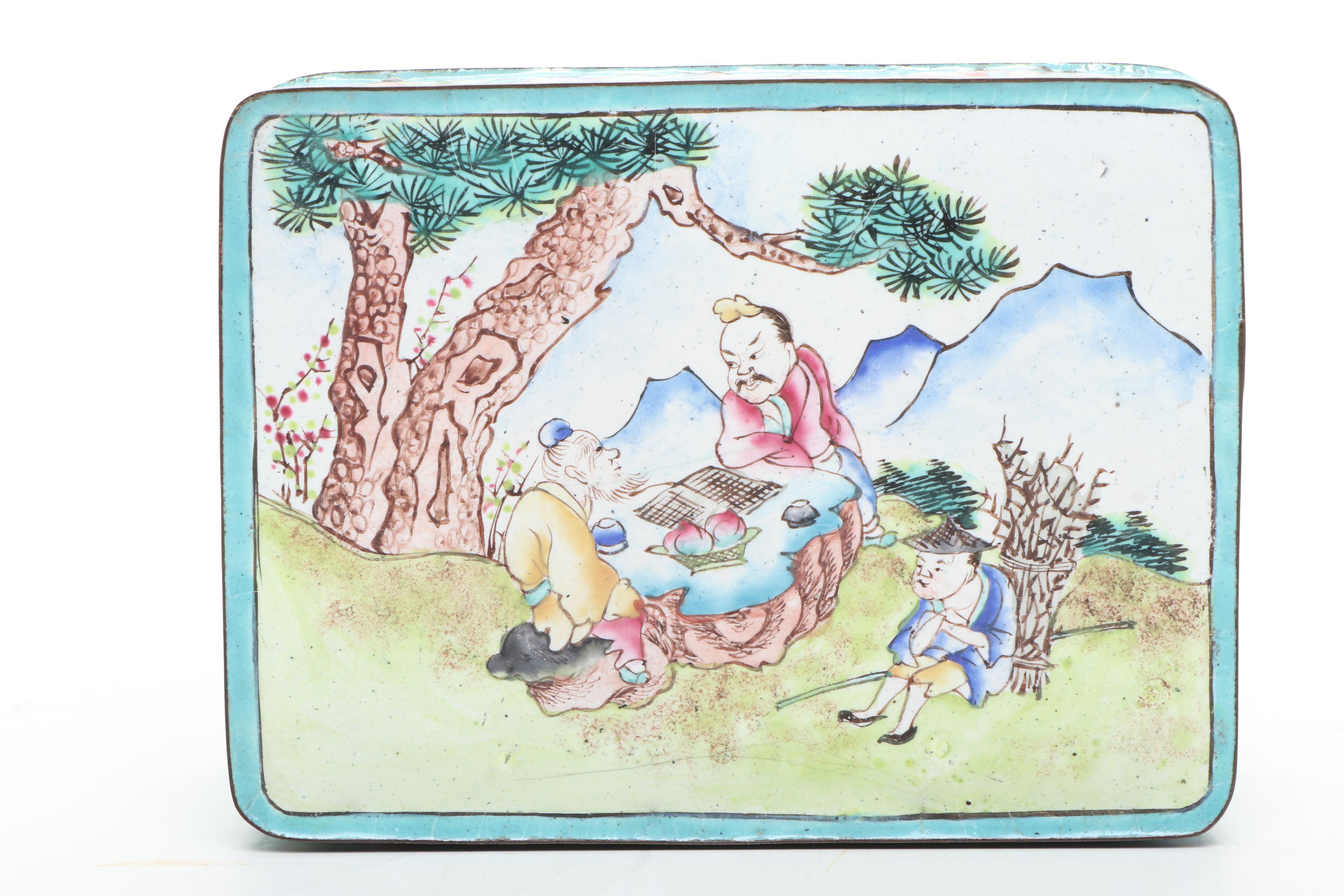 Chinese Peking Enamel Box with Other Decor and Porcelain Teapot