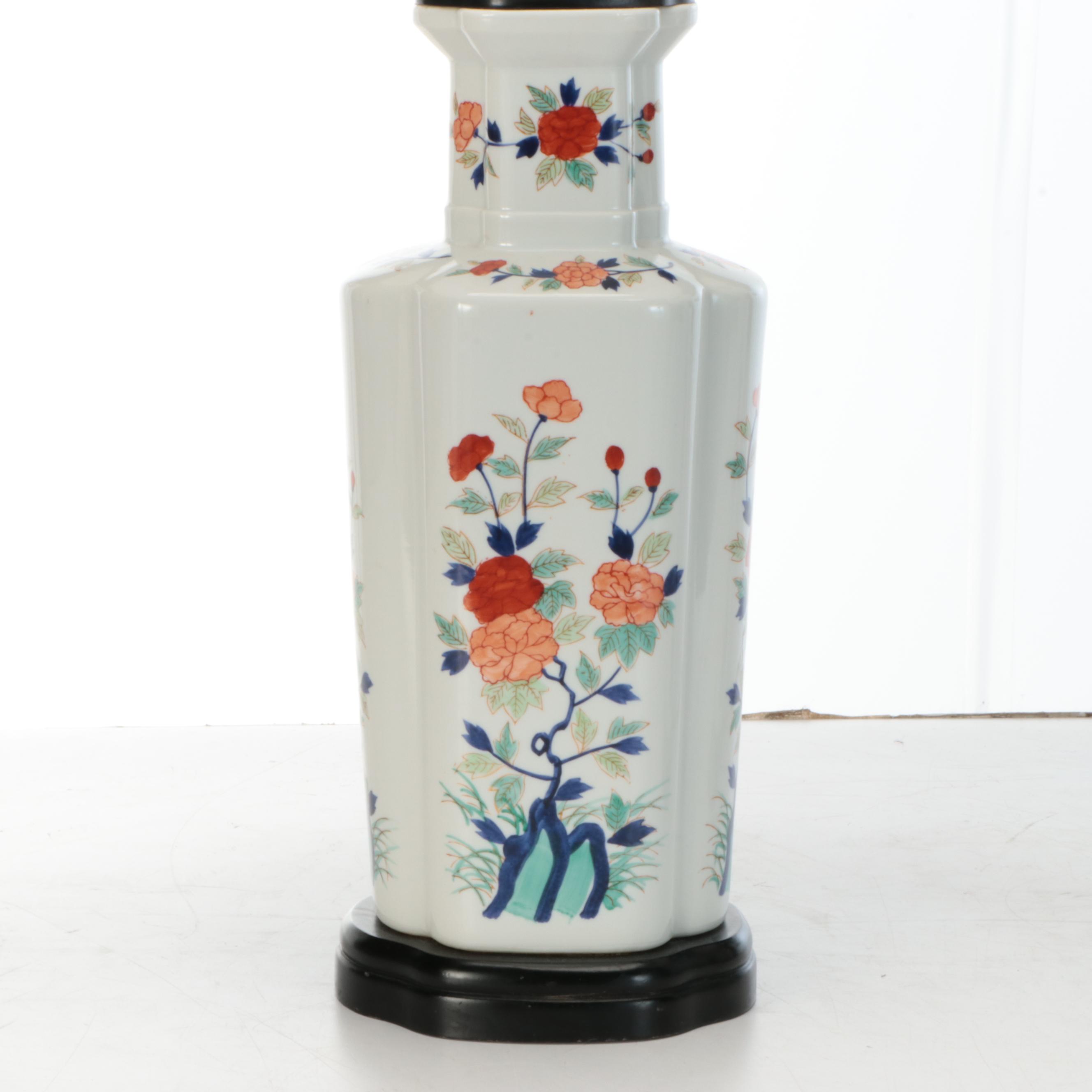 Pair of Chinese Painted Porcelain Lobed Vase Table Lamps and Silk Shades