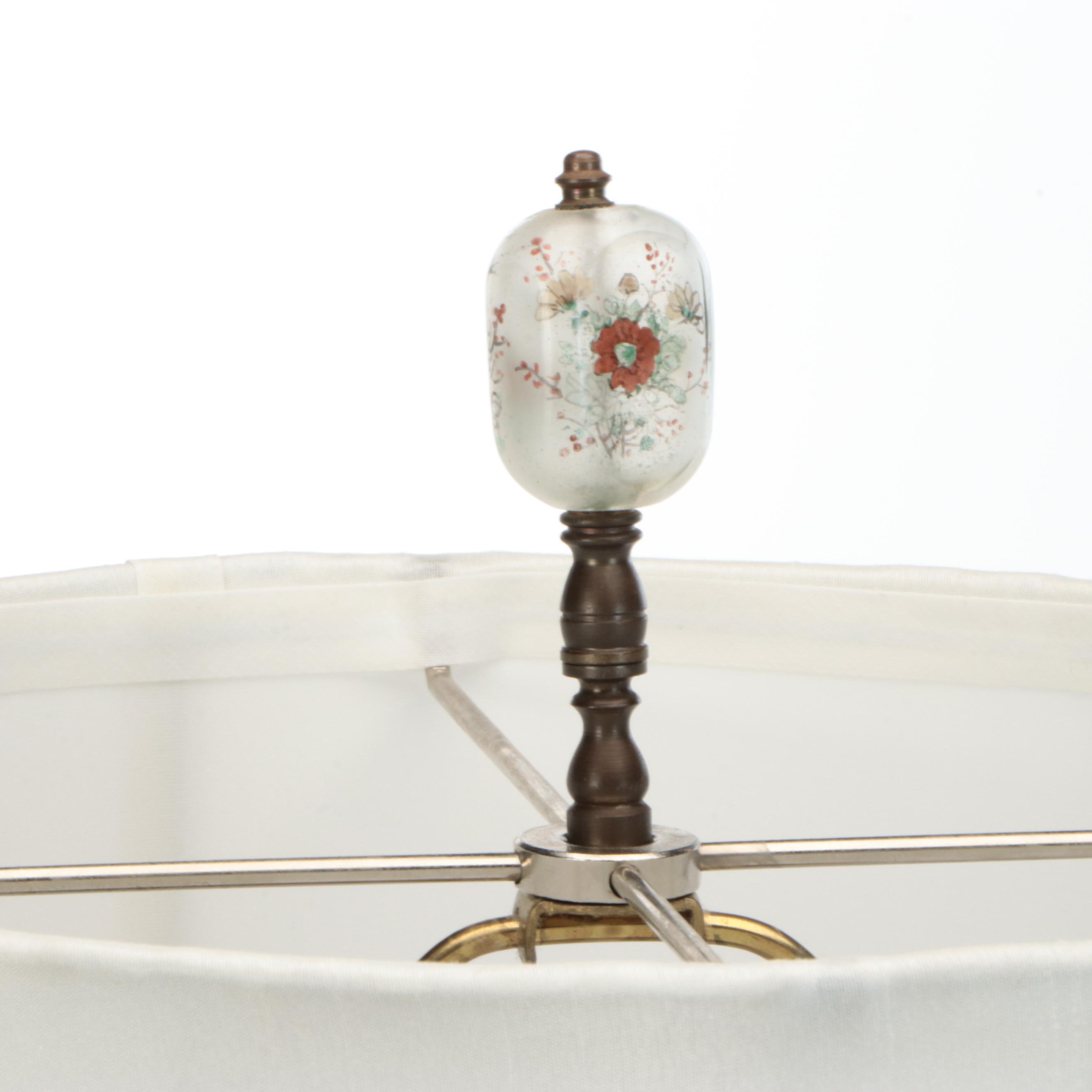 Pair of Chinese Painted Porcelain Lobed Vase Table Lamps and Silk Shades