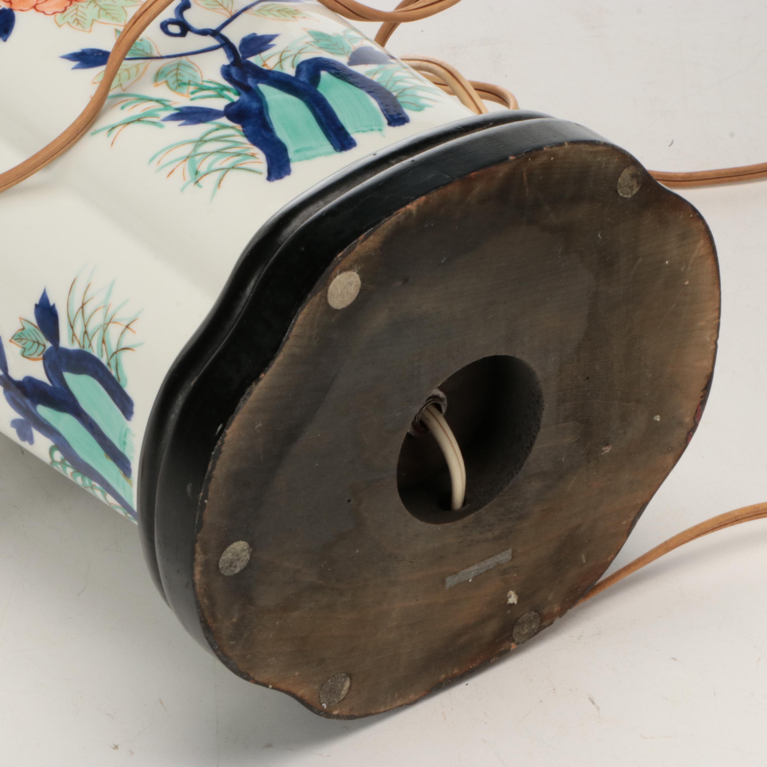 Pair of Chinese Painted Porcelain Lobed Vase Table Lamps and Silk Shades