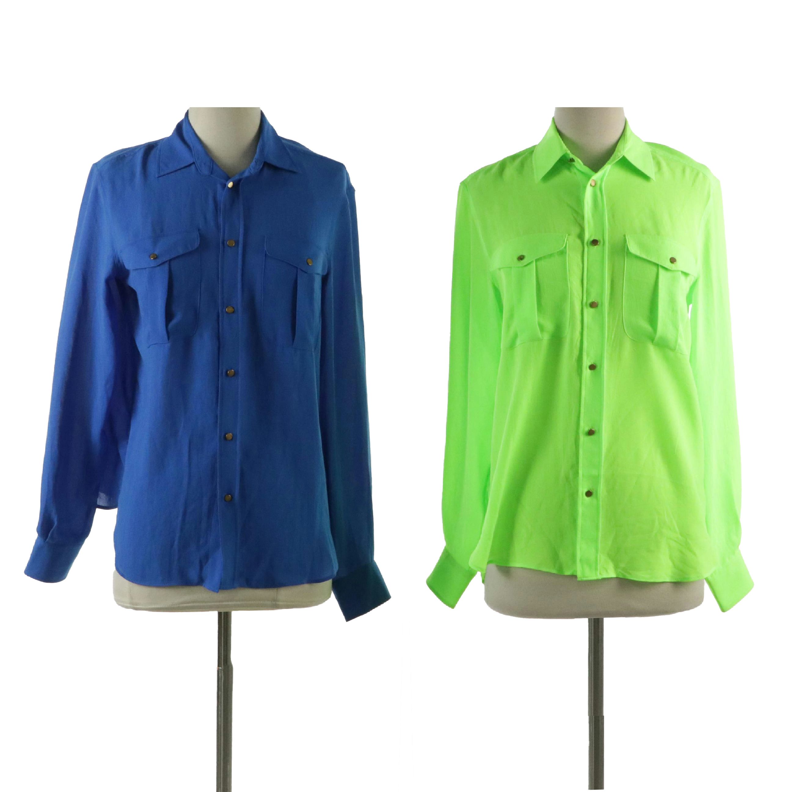 Polo Ralph Lauren Polyester Blouses in 'Safety Green' & 'Horizon Blue,' W/ Tags