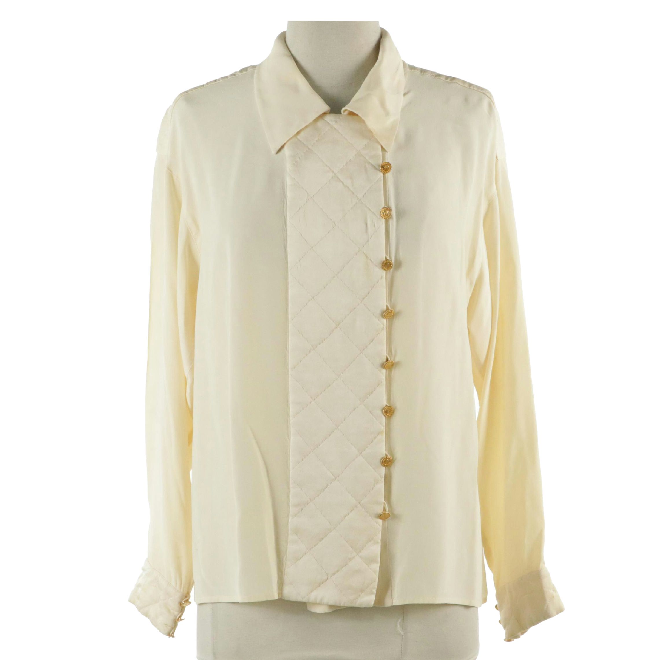Chanel Boutique Asymmetrical Blouse with Quilted Trim in Silk