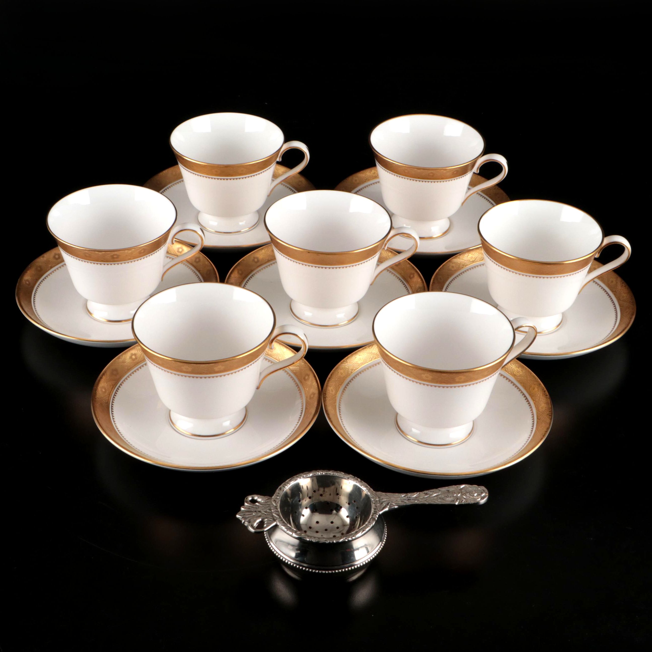 Spode "Mandarin Gold" Cups and Saucers with Stainless Over Cup Tea Strainer