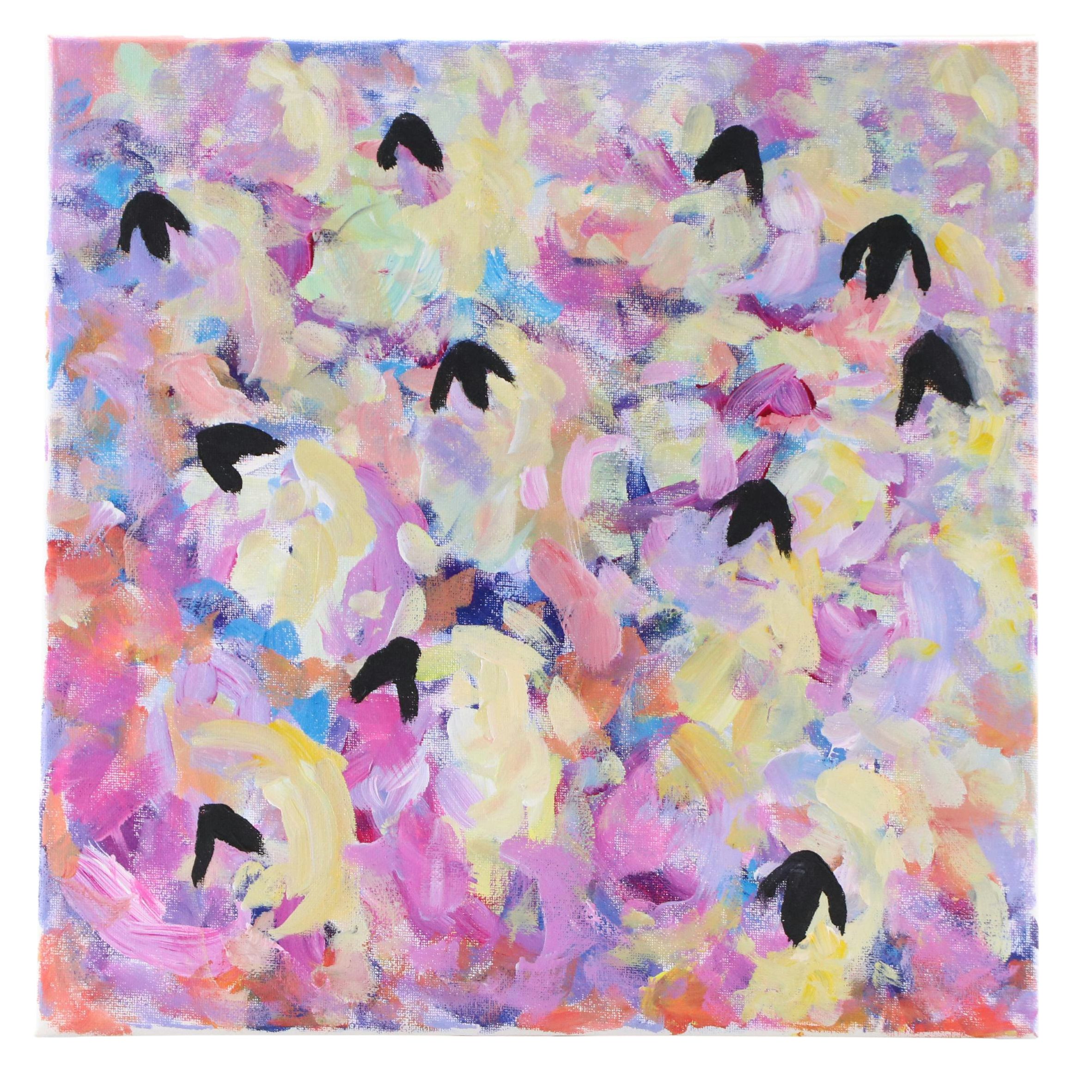 Elle Raines Stylized Acrylic Painting "Flock of Sheep #10," 21st Century
