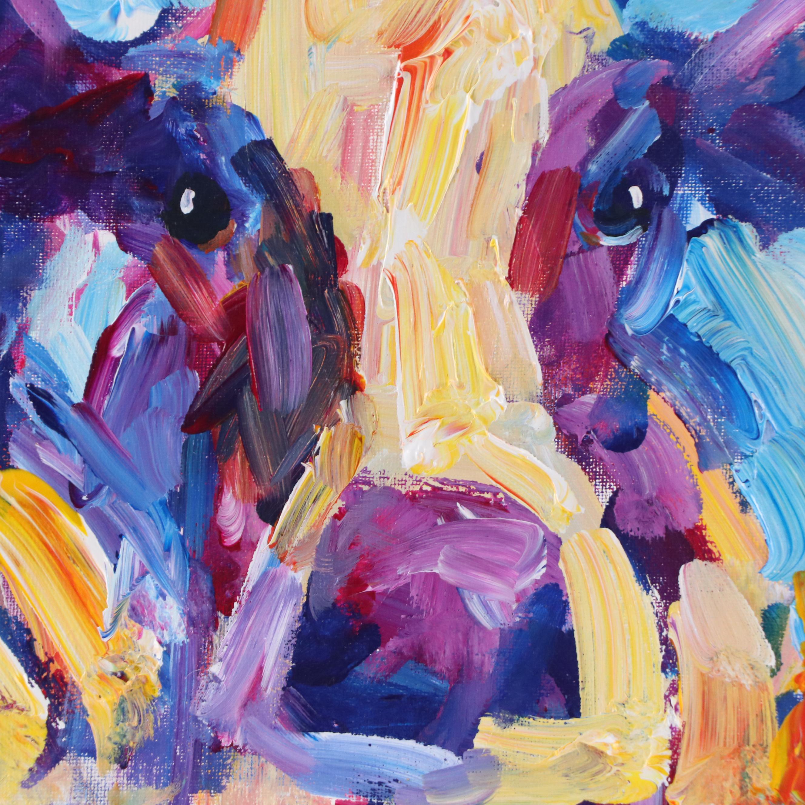 Elle Raines Stylized Acrylic Painting "Two Cows," 21st Century
