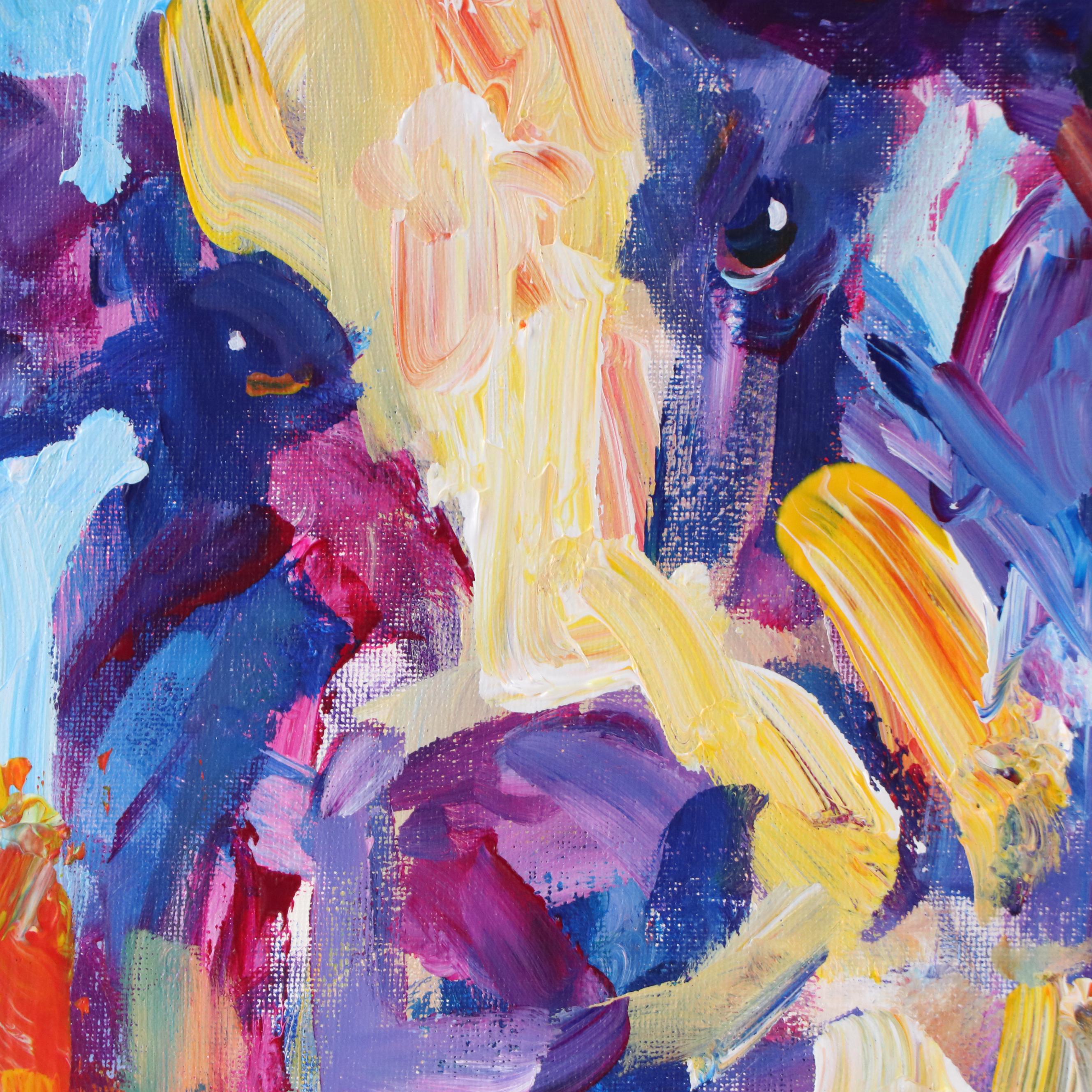 Elle Raines Stylized Acrylic Painting "Two Cows," 21st Century