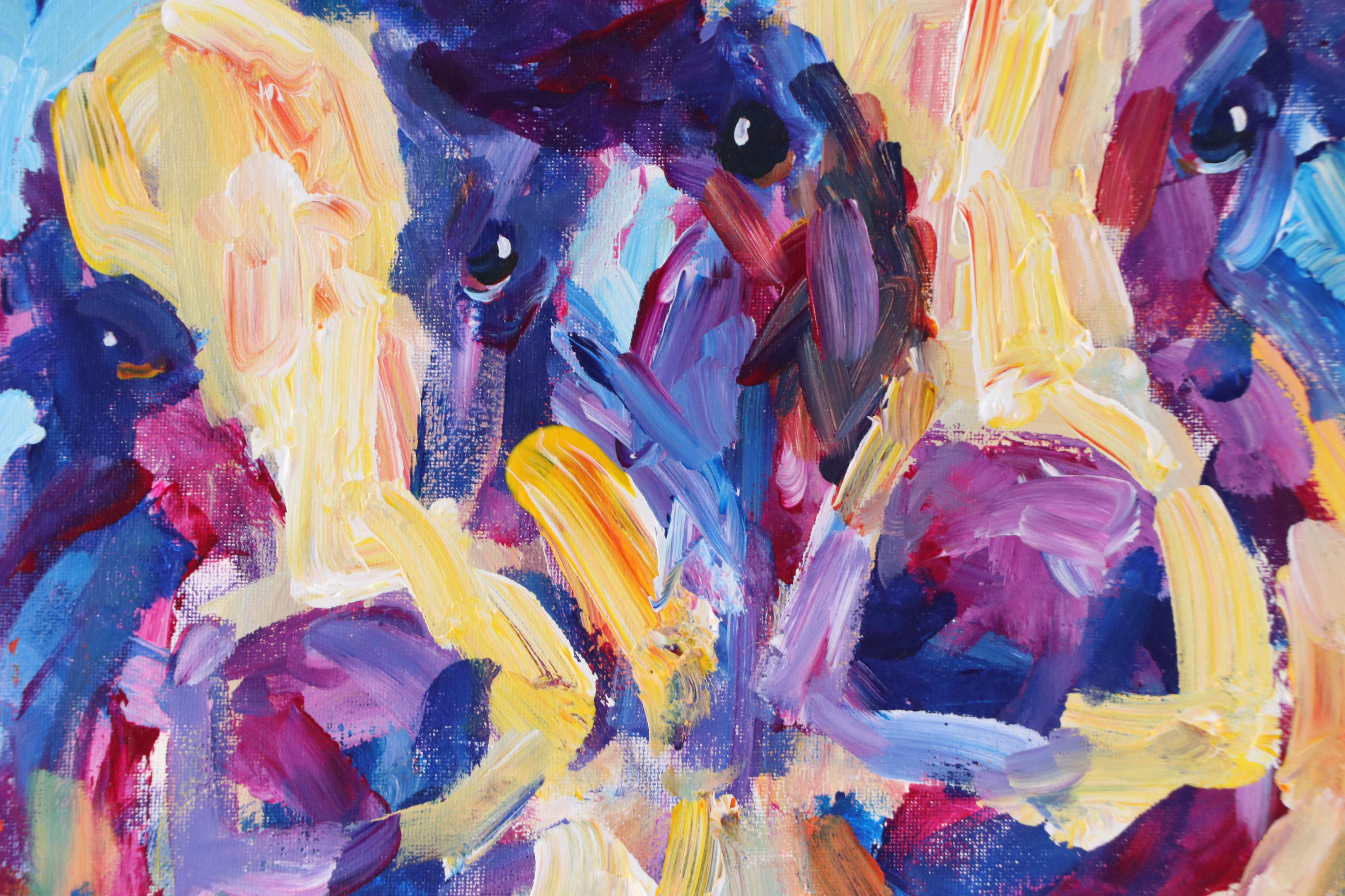 Elle Raines Stylized Acrylic Painting "Two Cows," 21st Century