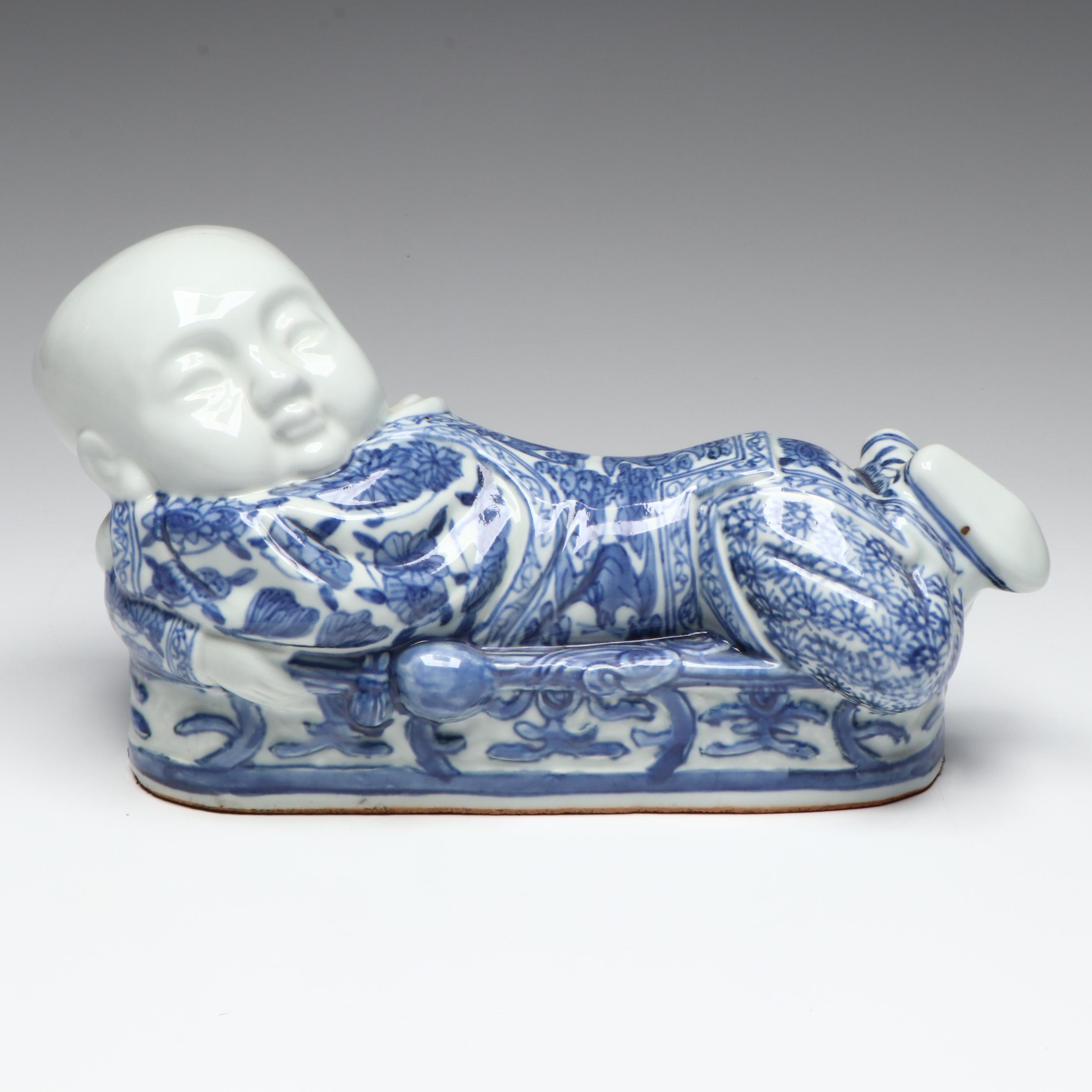 Chinese Blue and White Porcelain Figural Opium Pillow