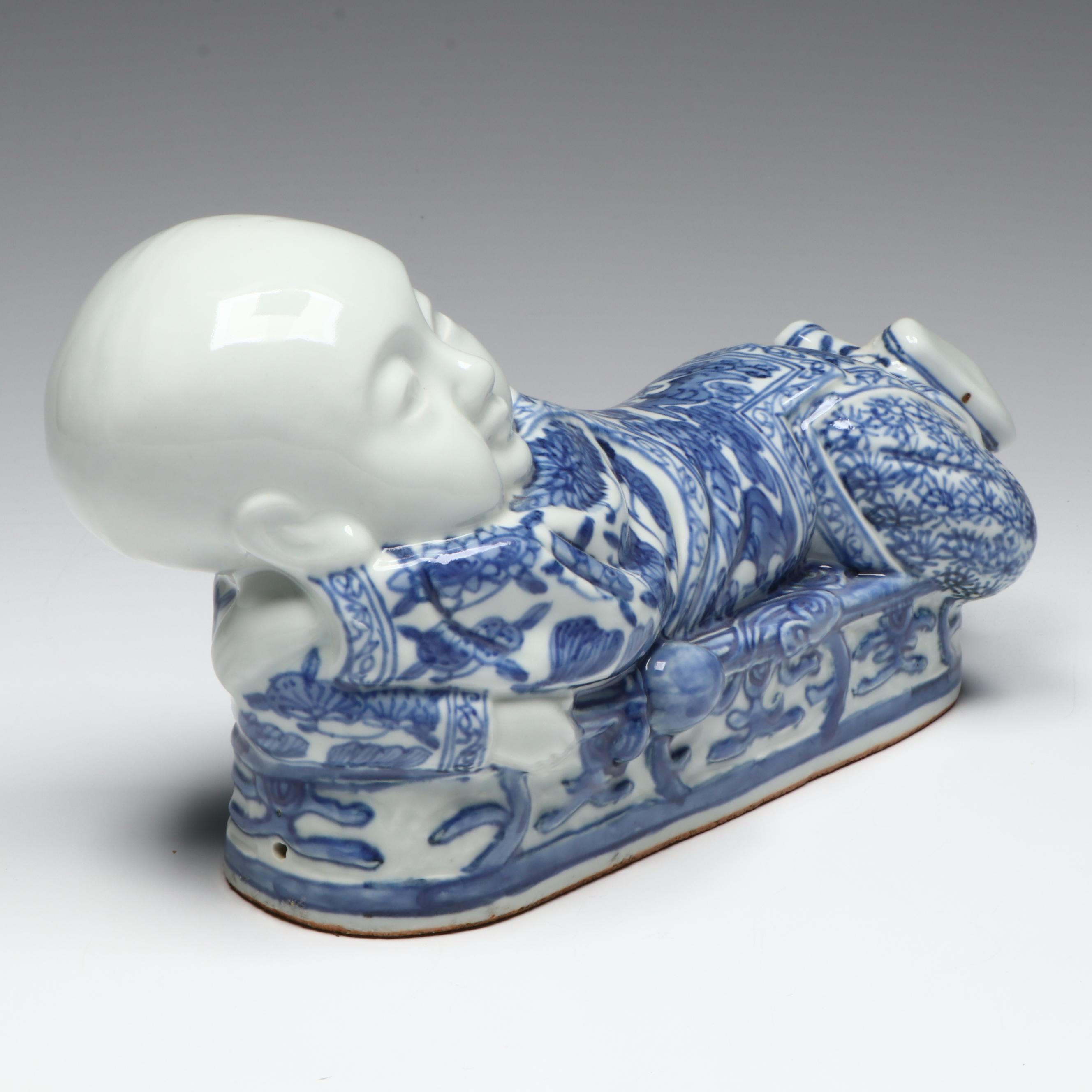Chinese Blue and White Porcelain Figural Opium Pillow