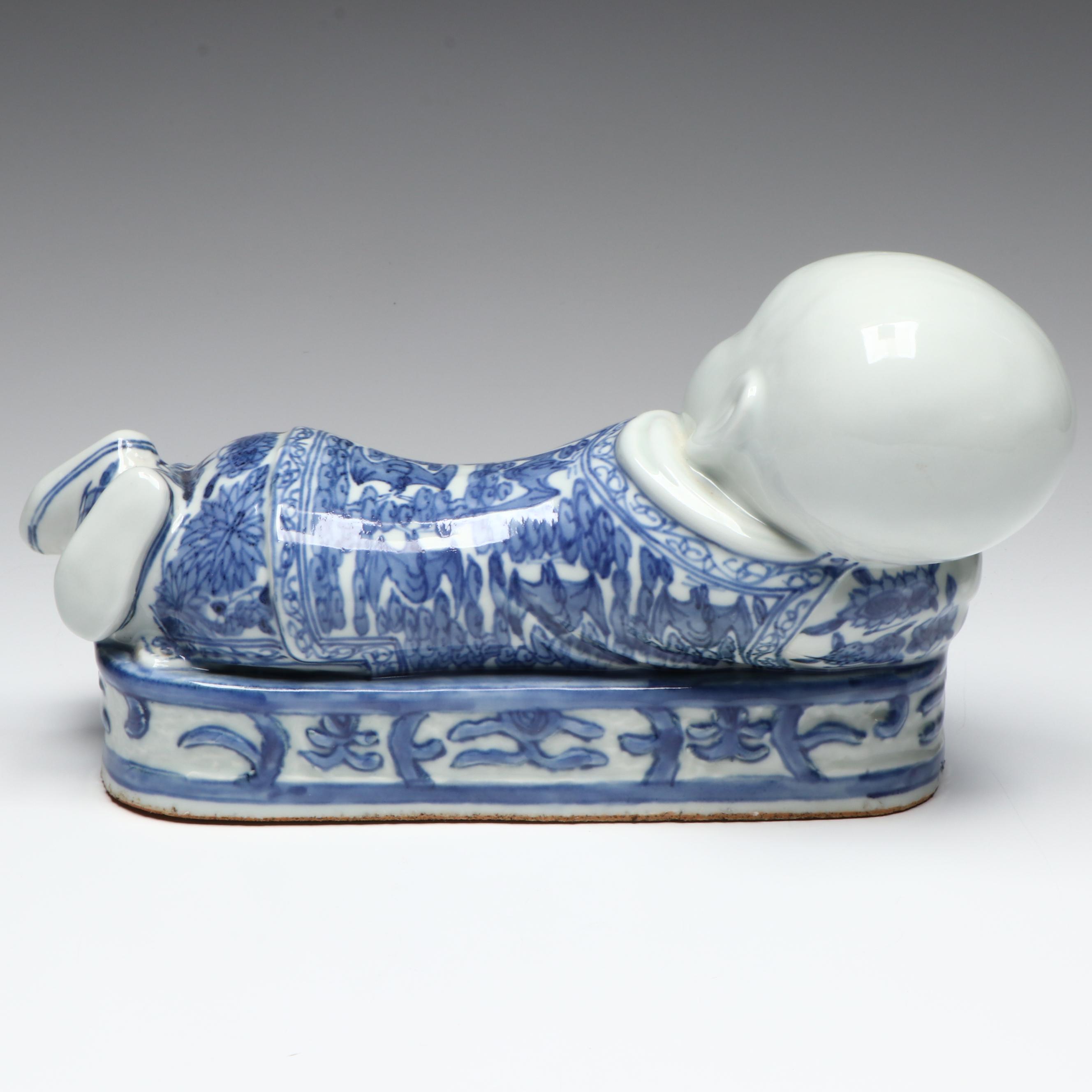 Chinese Blue and White Porcelain Figural Opium Pillow