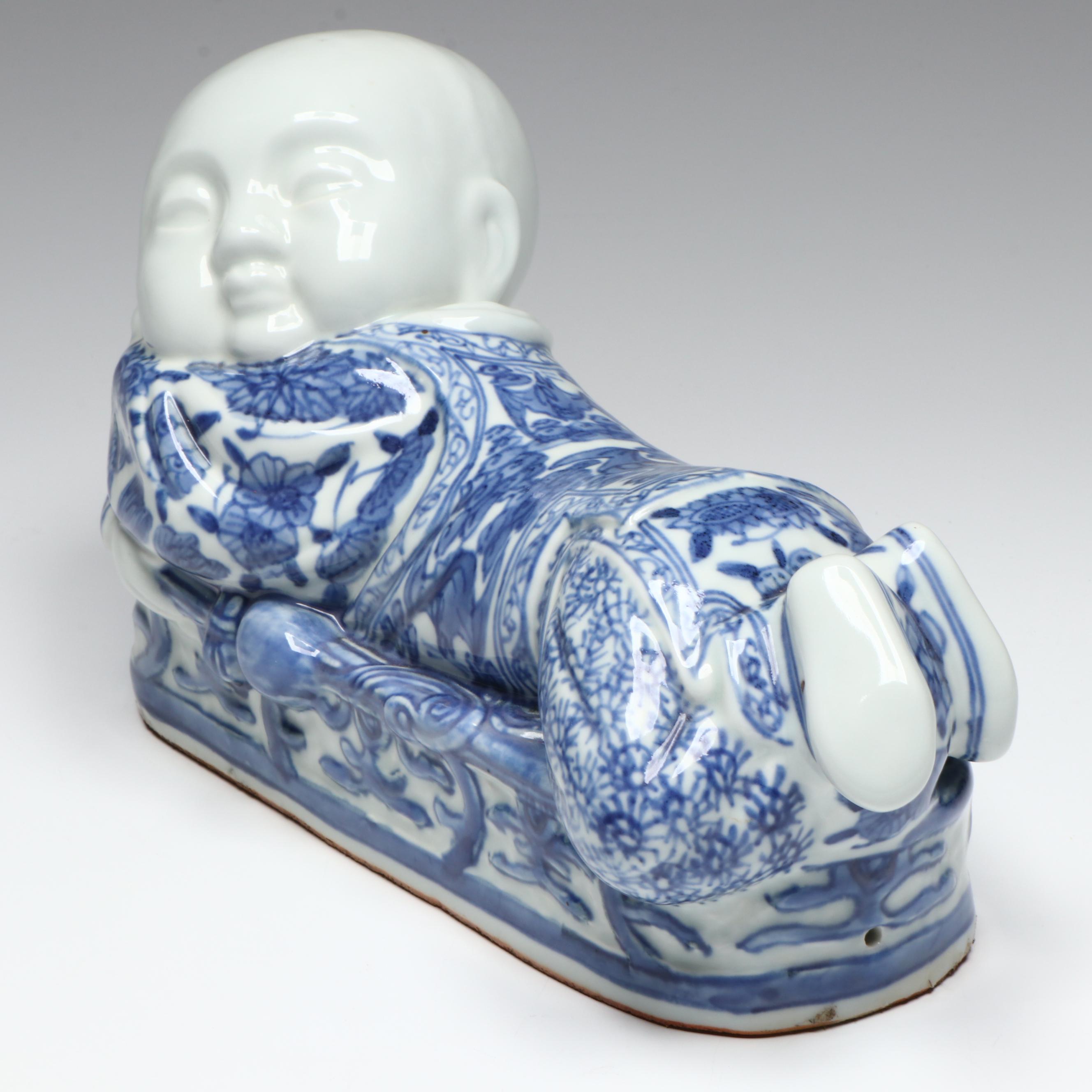 Chinese Blue and White Porcelain Figural Opium Pillow