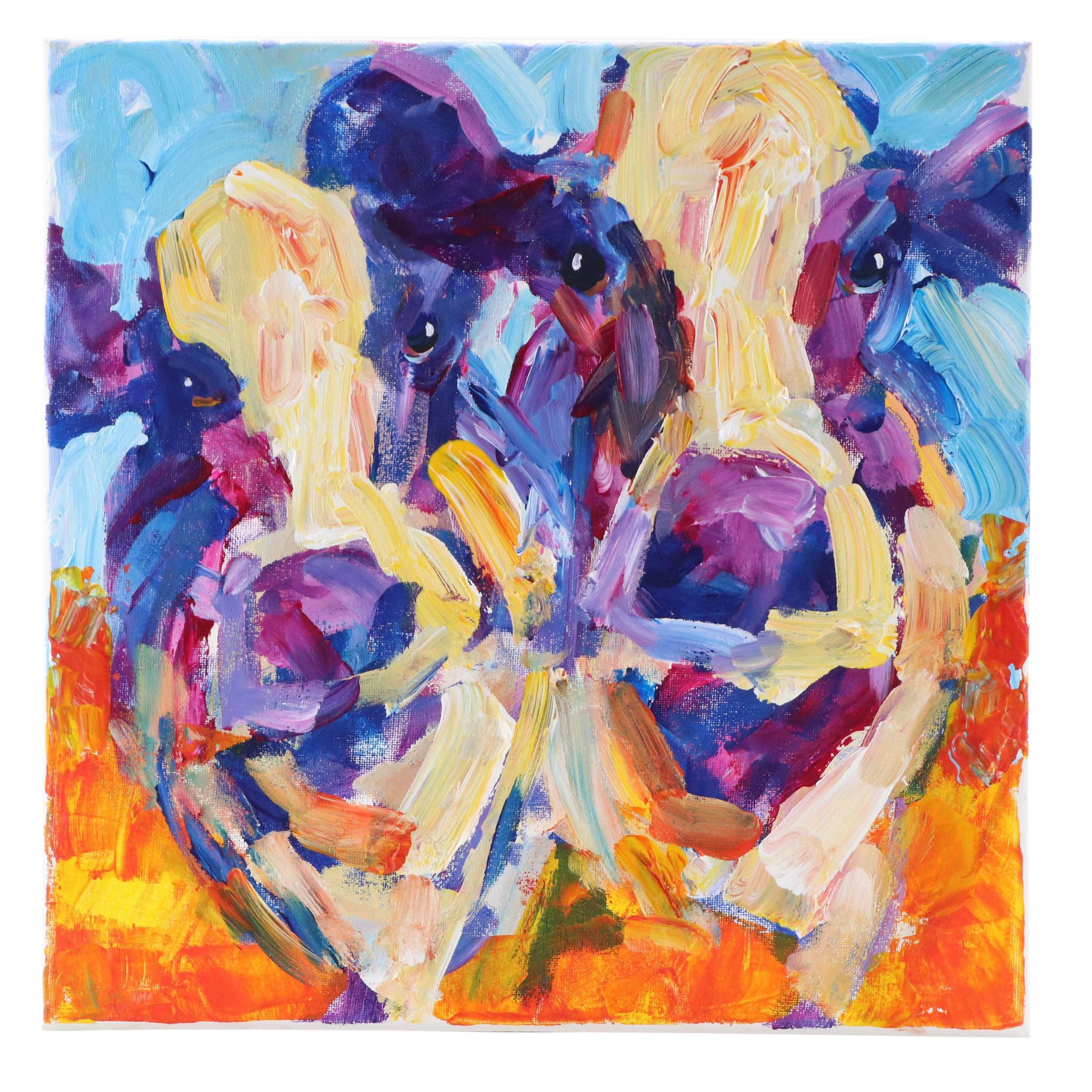 Elle Raines Stylized Acrylic Painting "Two Cows," 21st Century