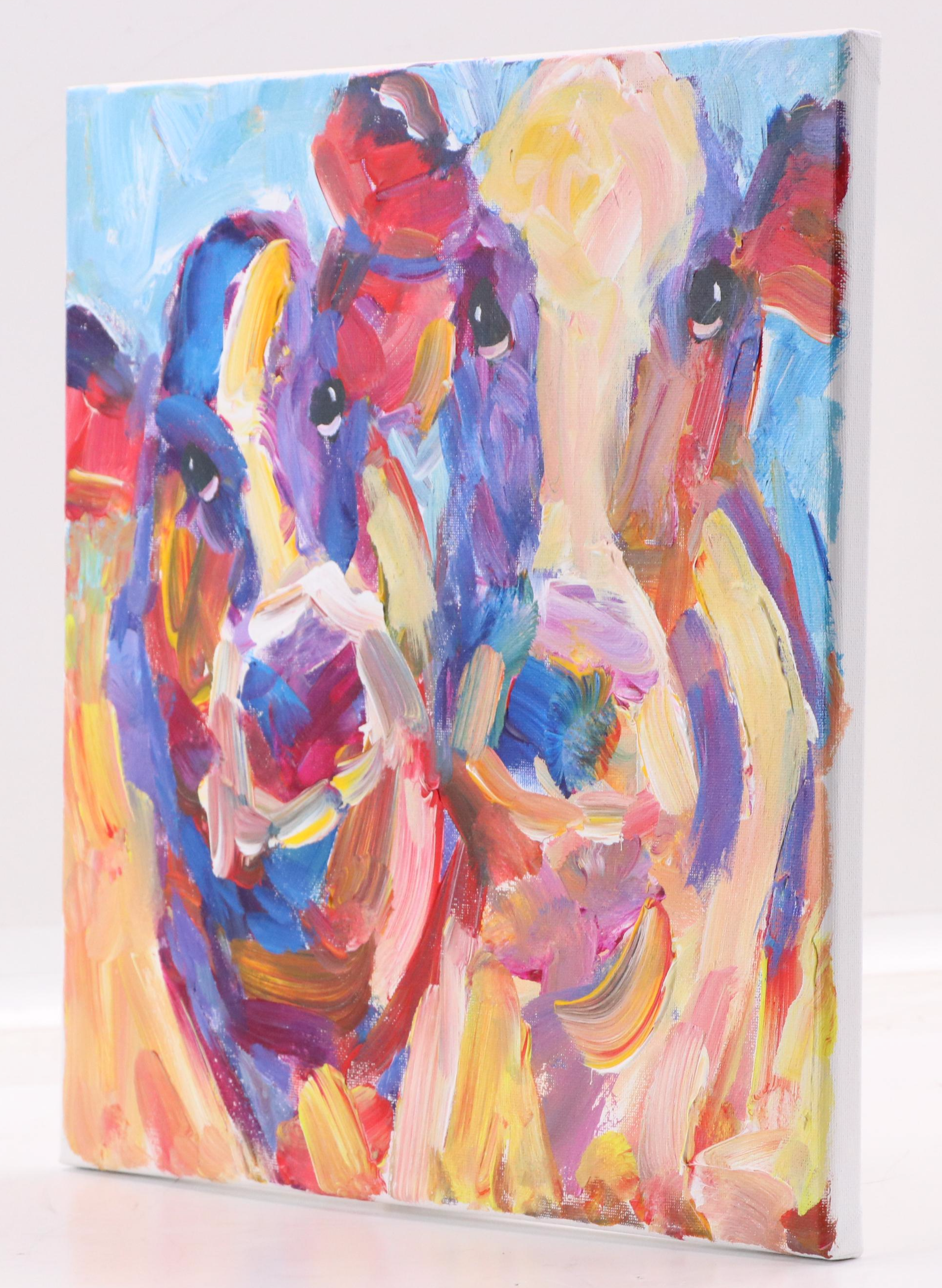 Elle Raines Stylized Acrylic Painting "Two Cows," 21st Century