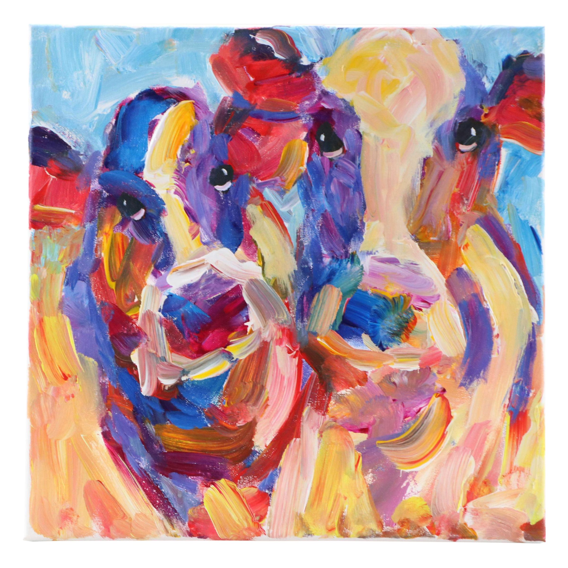 Elle Raines Stylized Acrylic Painting "Two Cows," 21st Century