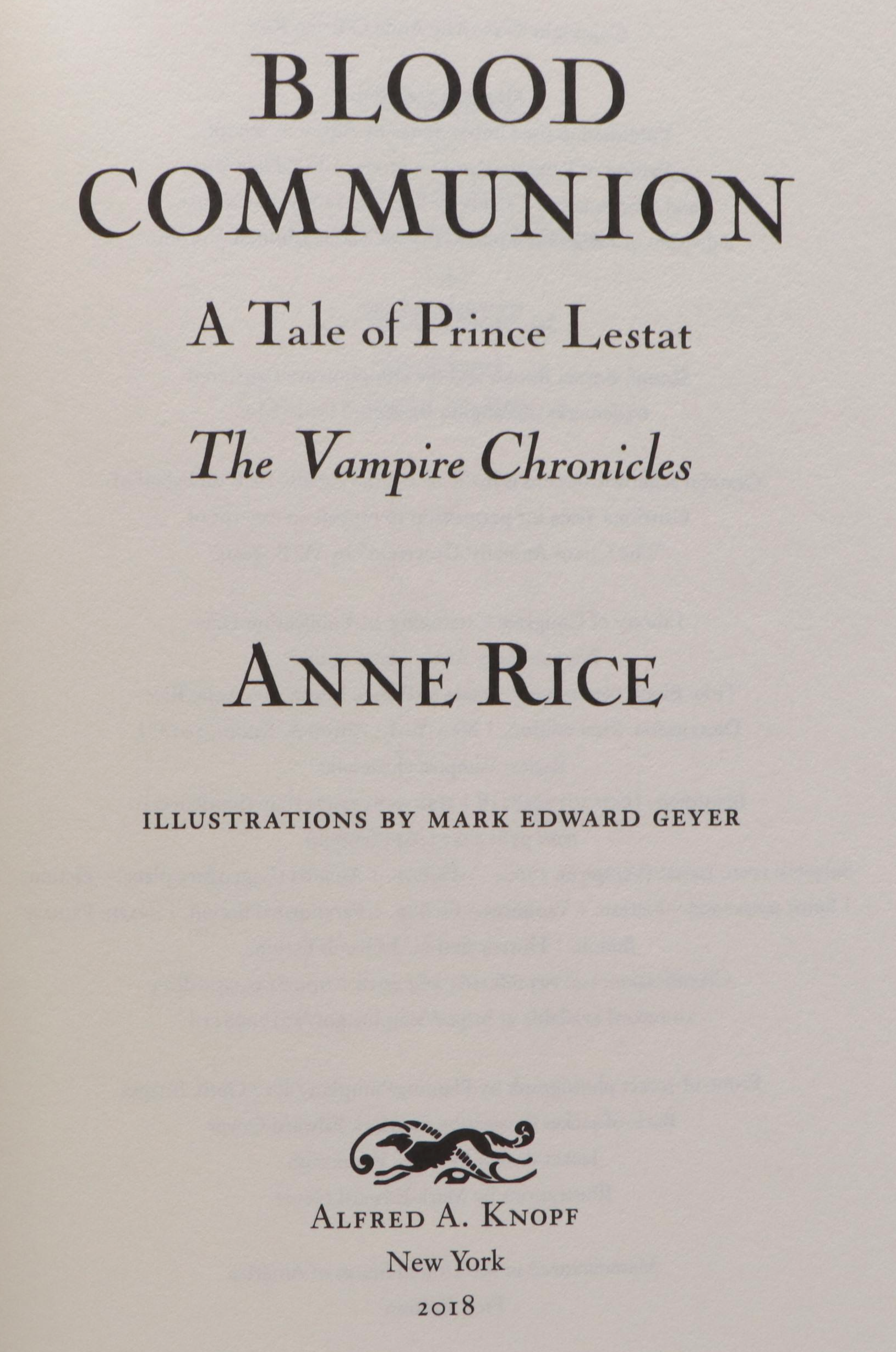 Signed First Edition "Blood Communion" by Anne Rice, 2018