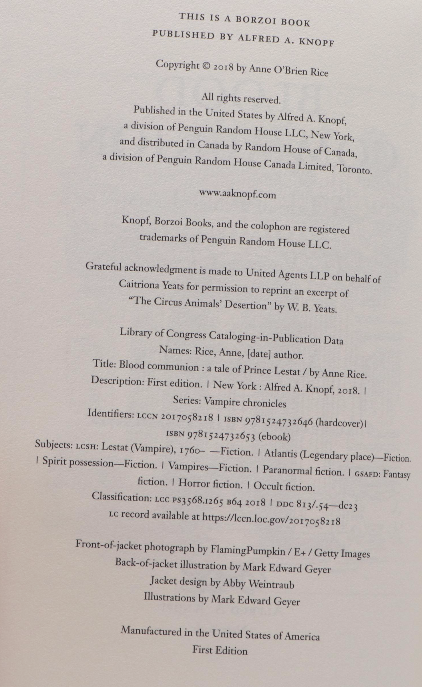 Signed First Edition "Blood Communion" by Anne Rice, 2018