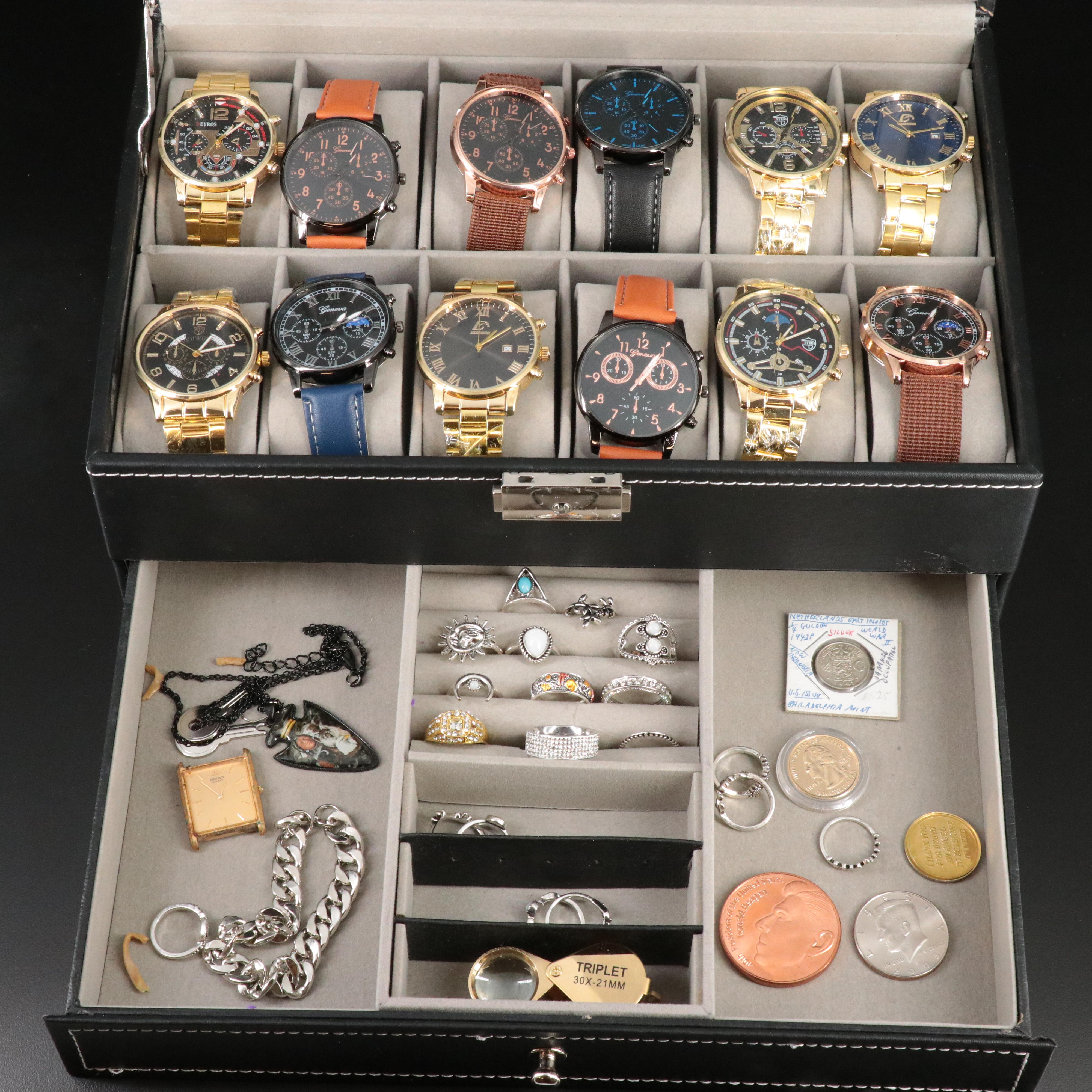 Collection of Quartz Watches with Jewelry and Coins in Jewelry Box