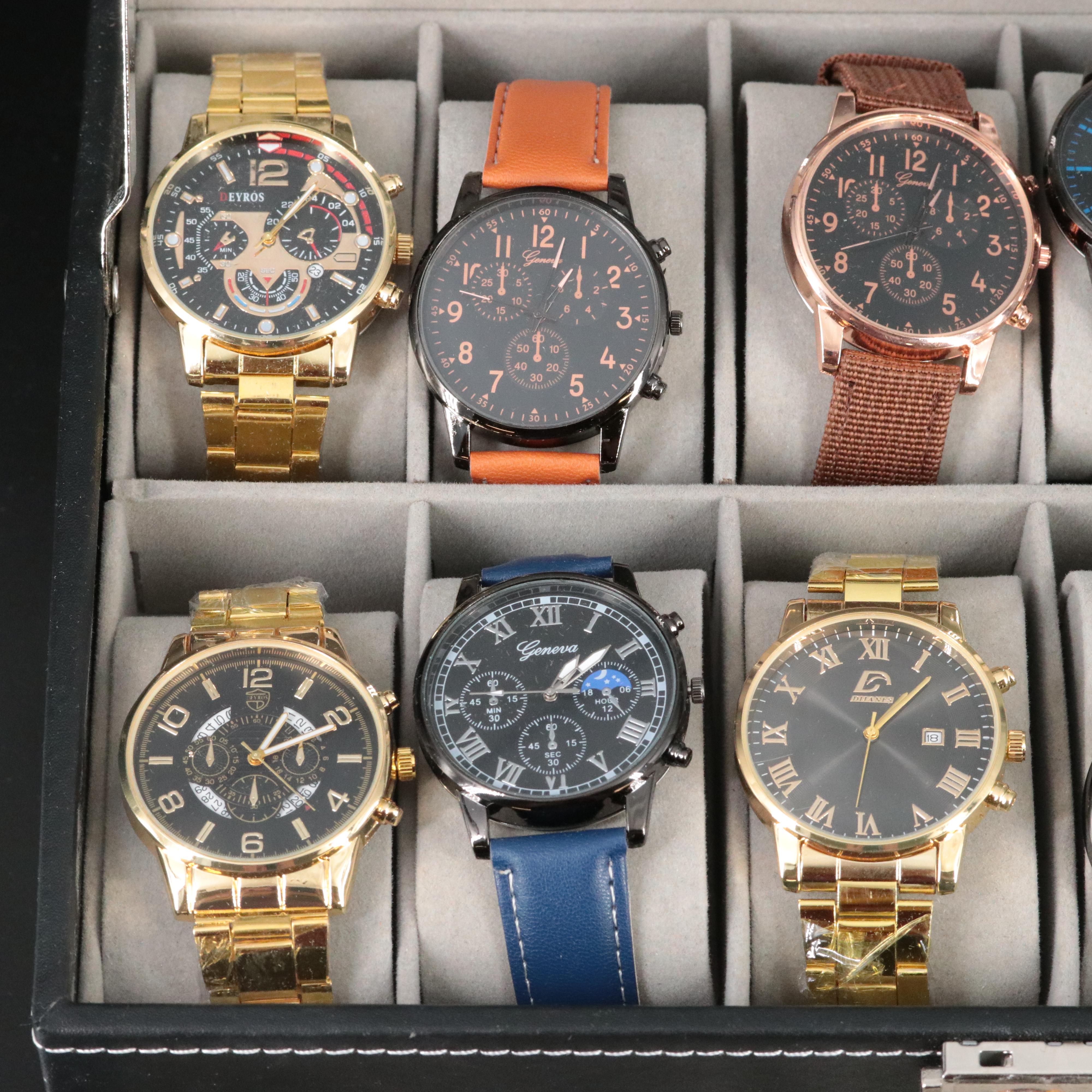 Collection of Quartz Watches with Jewelry and Coins in Jewelry Box
