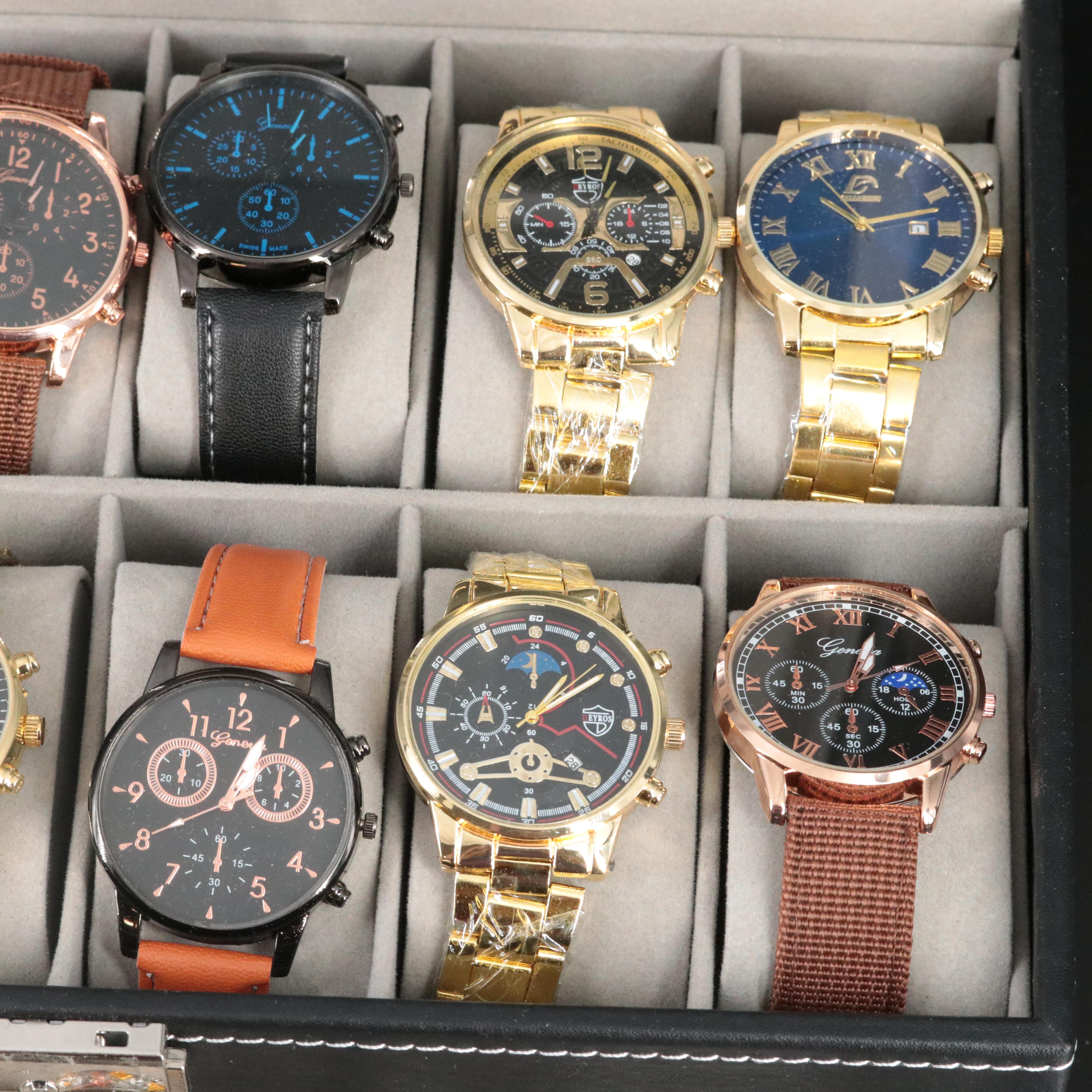 Collection of Quartz Watches with Jewelry and Coins in Jewelry Box