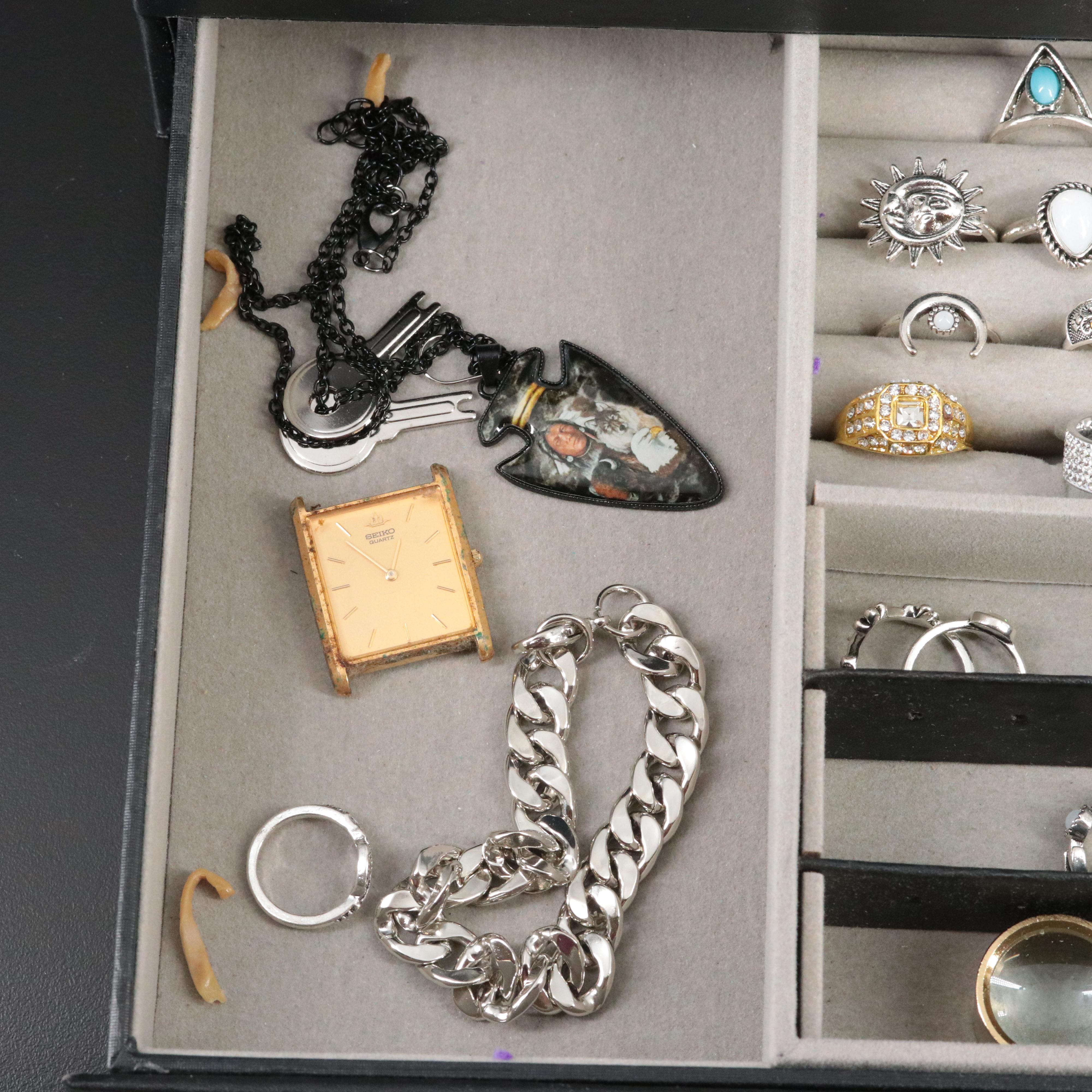 Collection of Quartz Watches with Jewelry and Coins in Jewelry Box