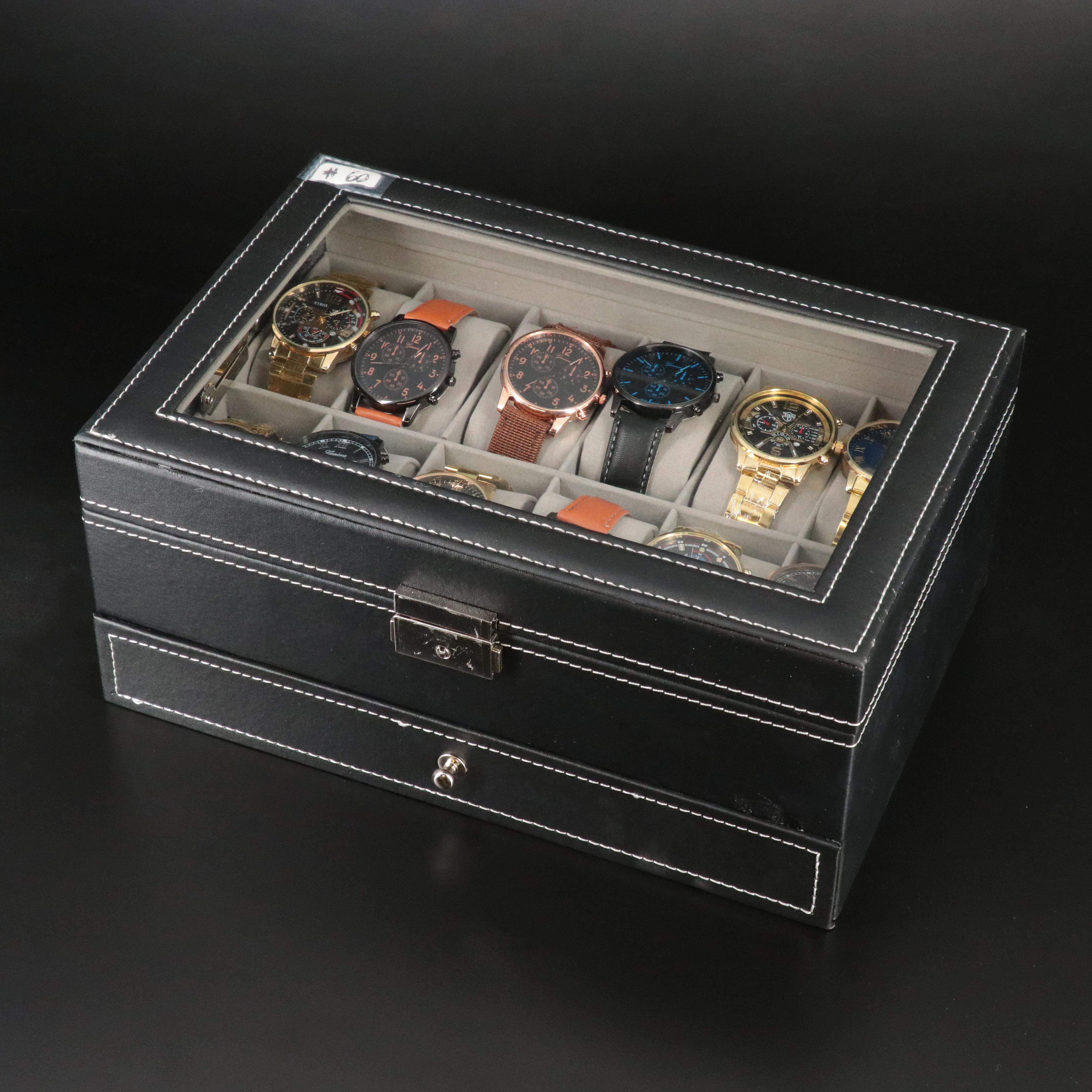 Collection of Quartz Watches with Jewelry and Coins in Jewelry Box