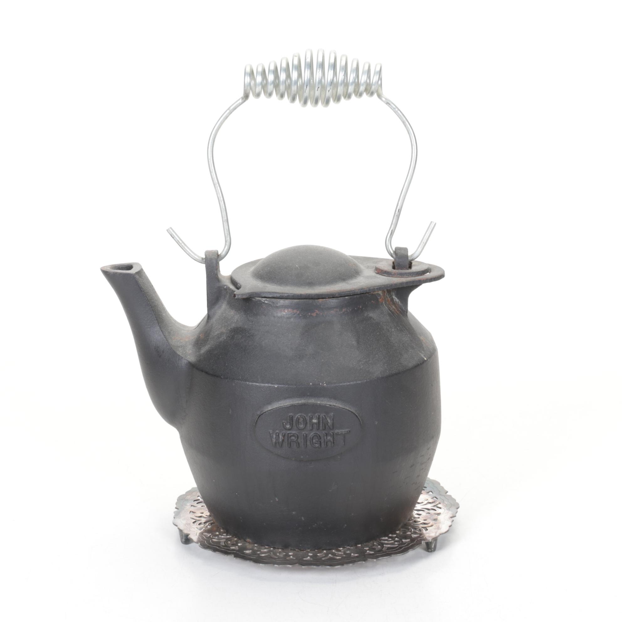 John Wright Cast Iron Kettle on Pierced Metal Base