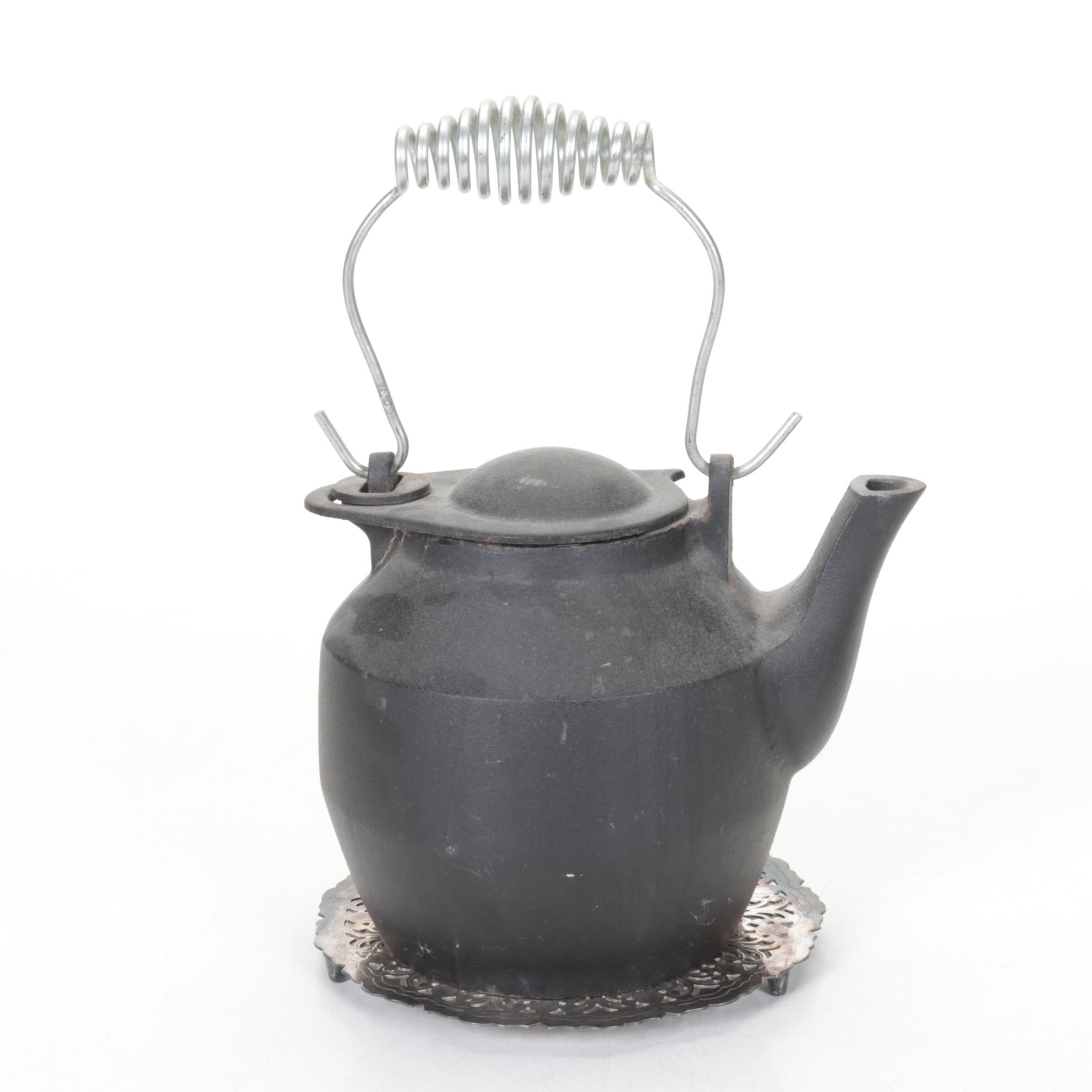 John Wright Cast Iron Kettle on Pierced Metal Base