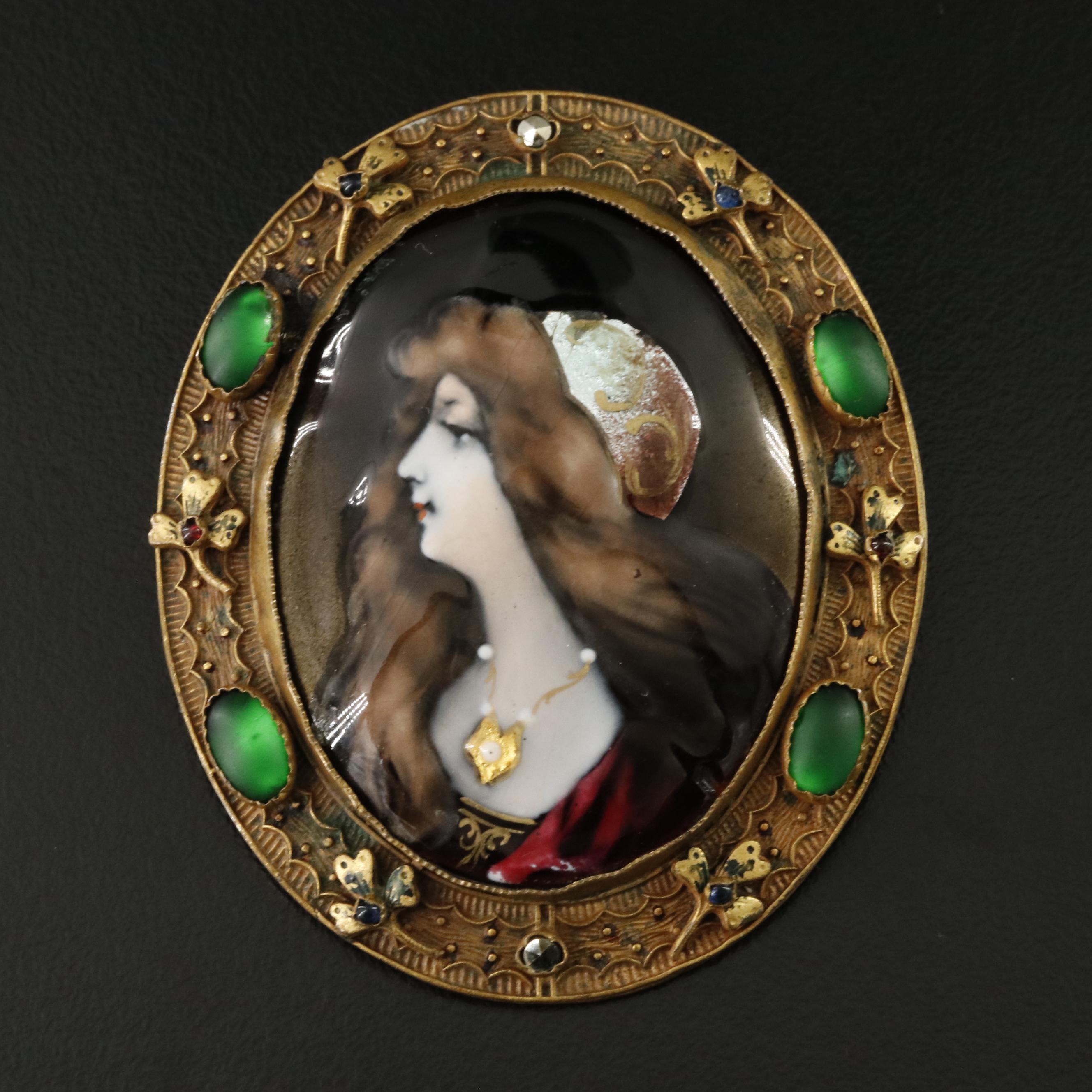 Art Nouveau Enamel Portrait Converter Brooch with Satin Glass and Clover Frame
