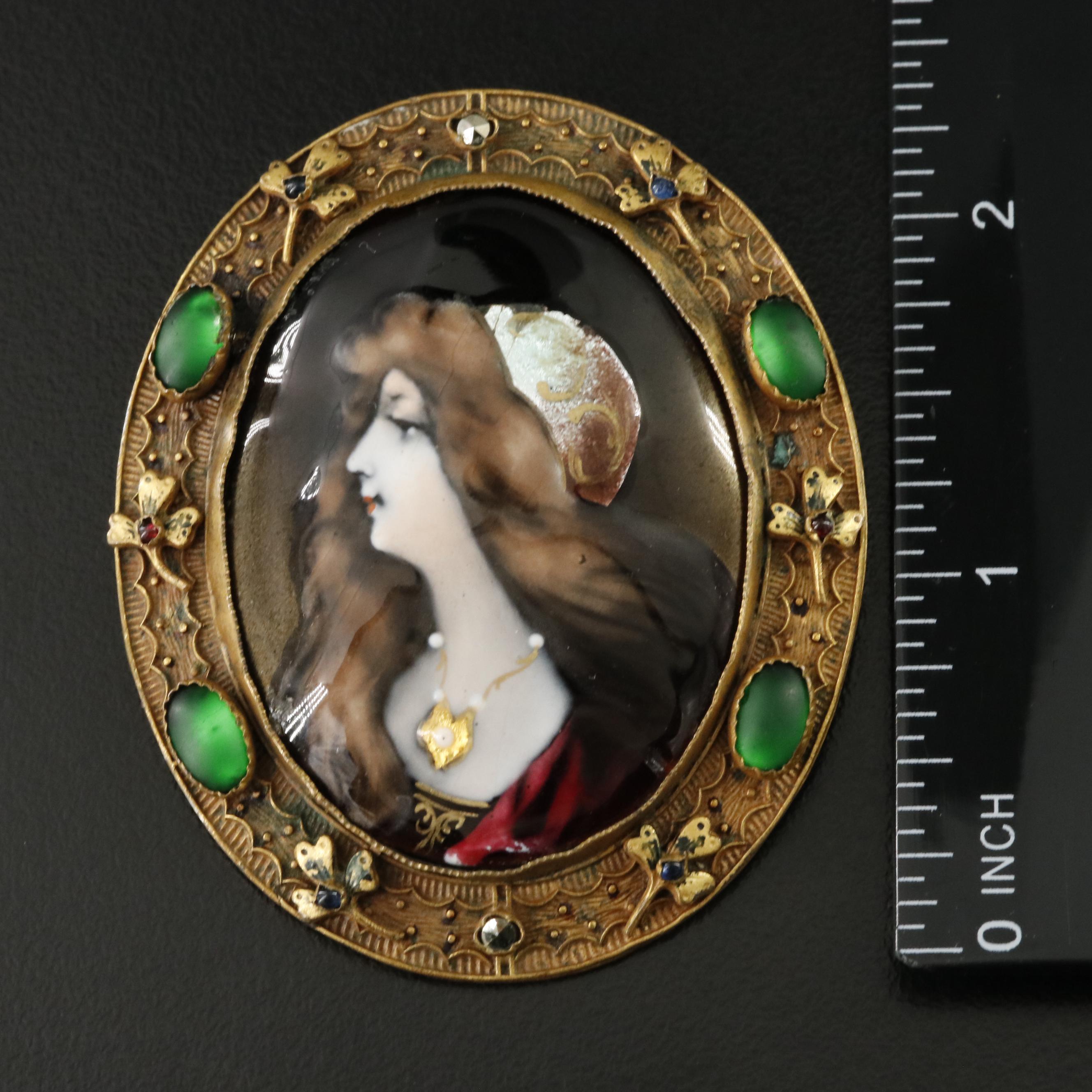 Art Nouveau Enamel Portrait Converter Brooch with Satin Glass and Clover Frame