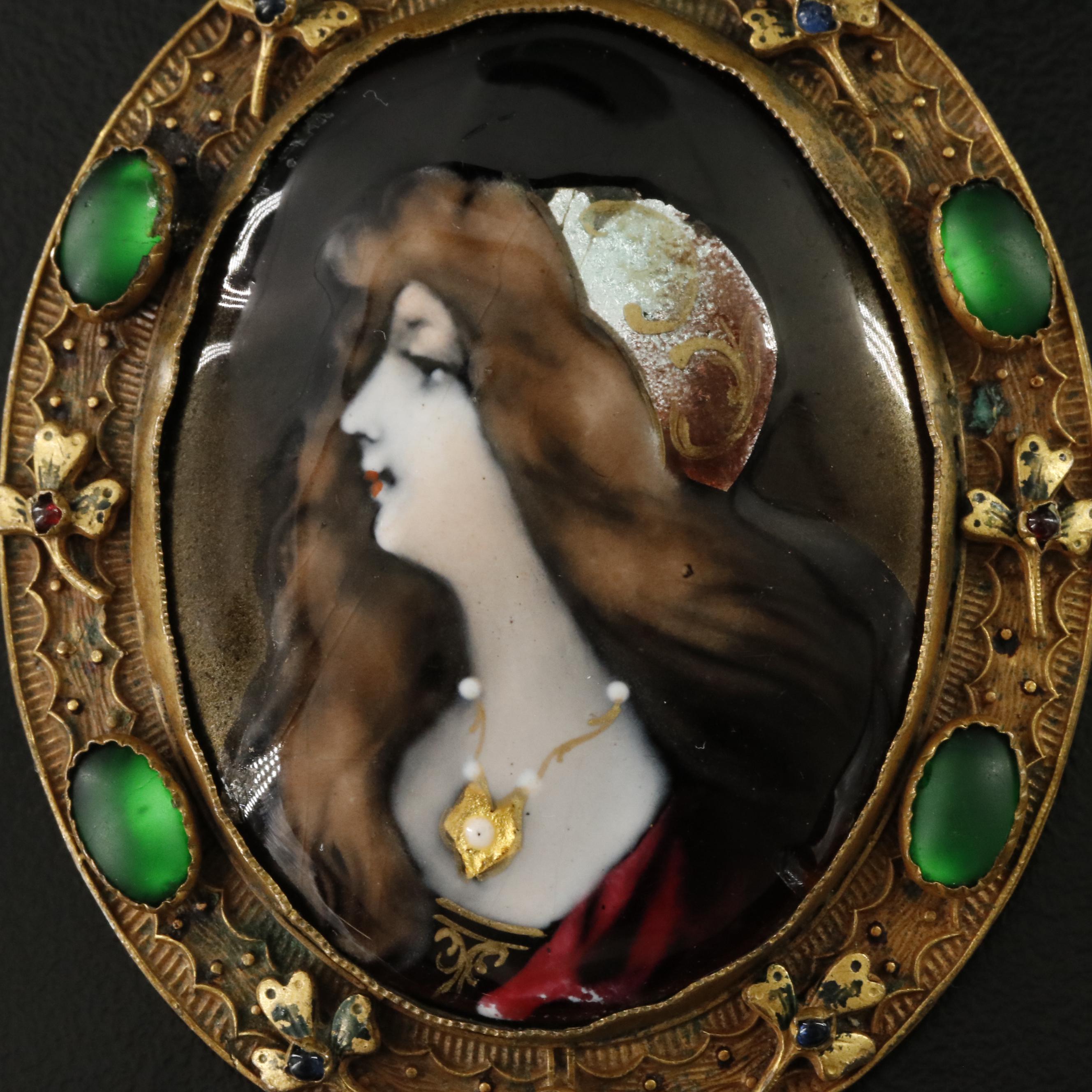 Art Nouveau Enamel Portrait Converter Brooch with Satin Glass and Clover Frame