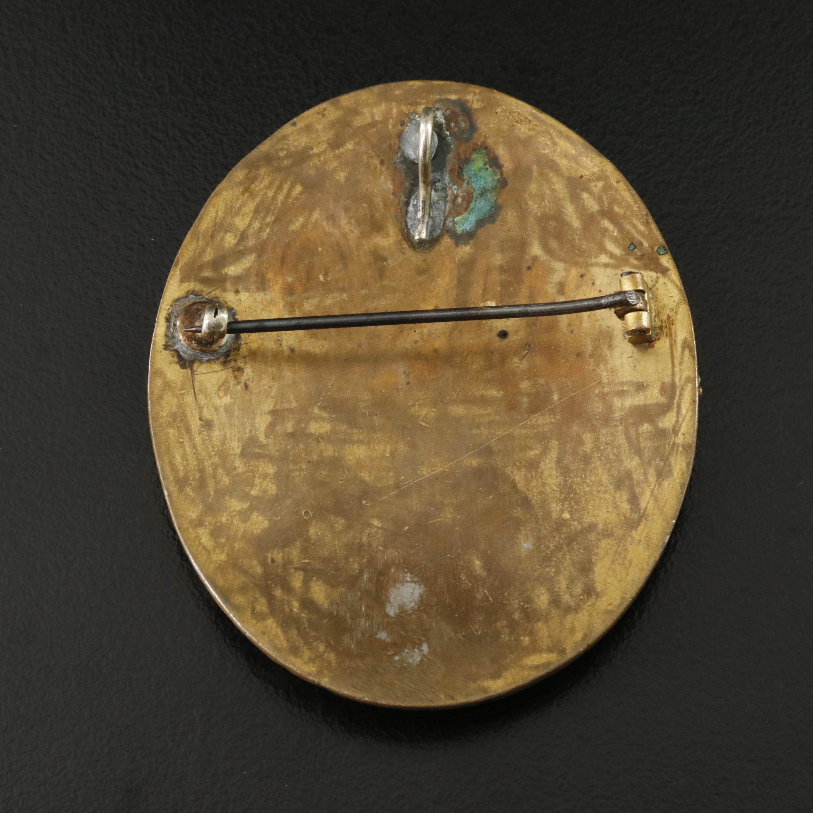 Art Nouveau Enamel Portrait Converter Brooch with Satin Glass and Clover Frame