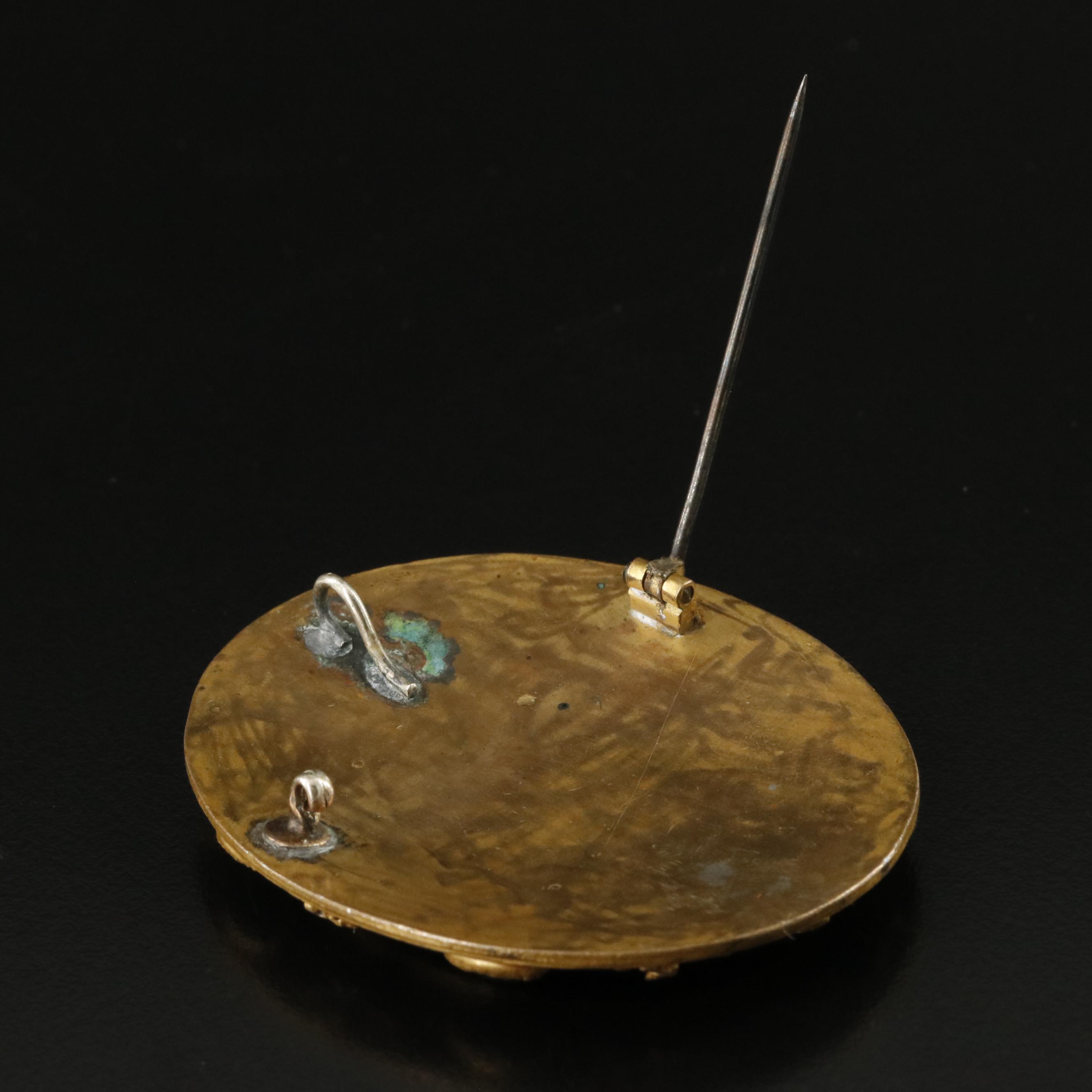 Art Nouveau Enamel Portrait Converter Brooch with Satin Glass and Clover Frame