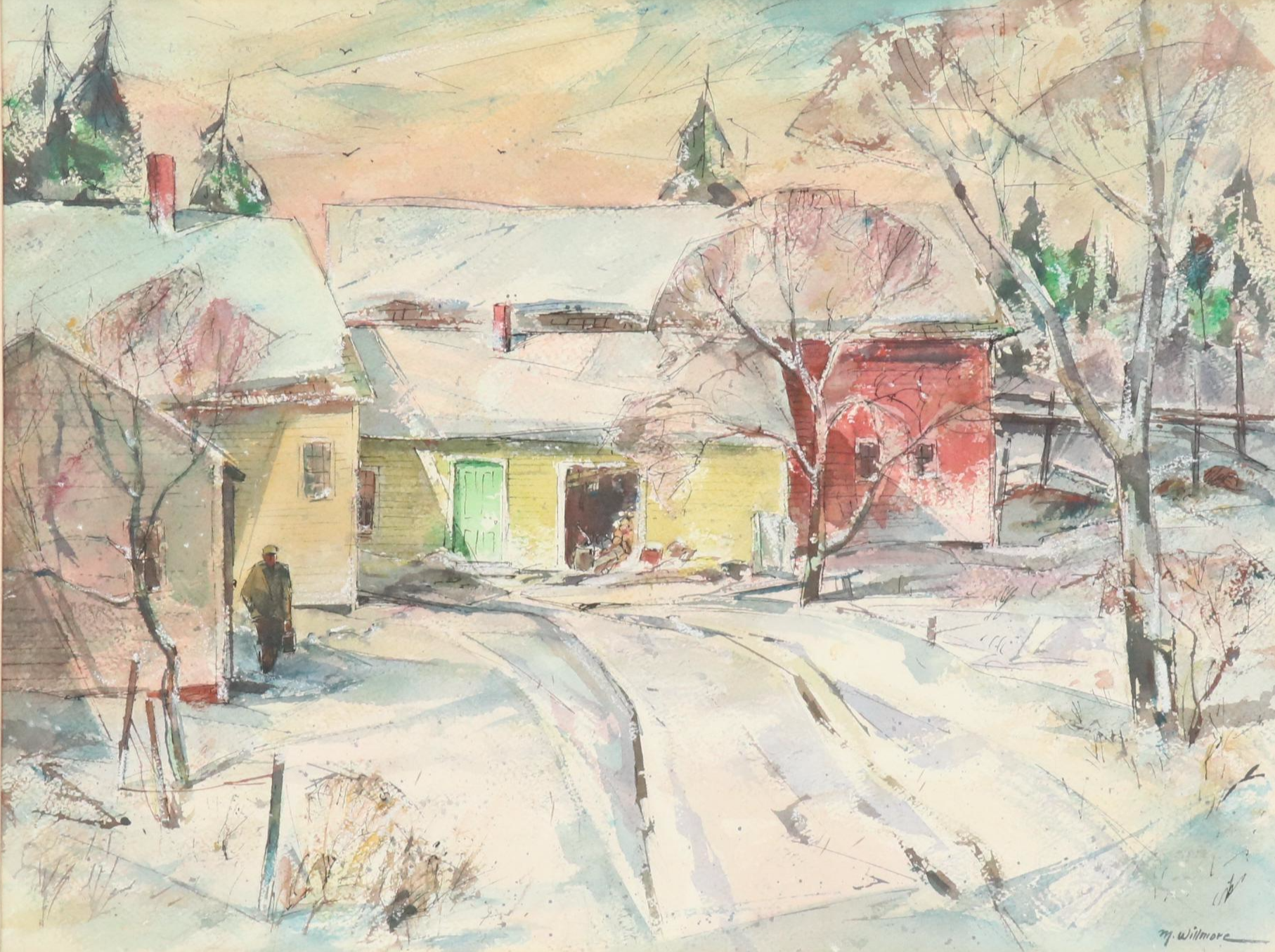 Merton W. Willmore Watercolor and Ink Painting of Snowy House Scene, Mid-20th C.