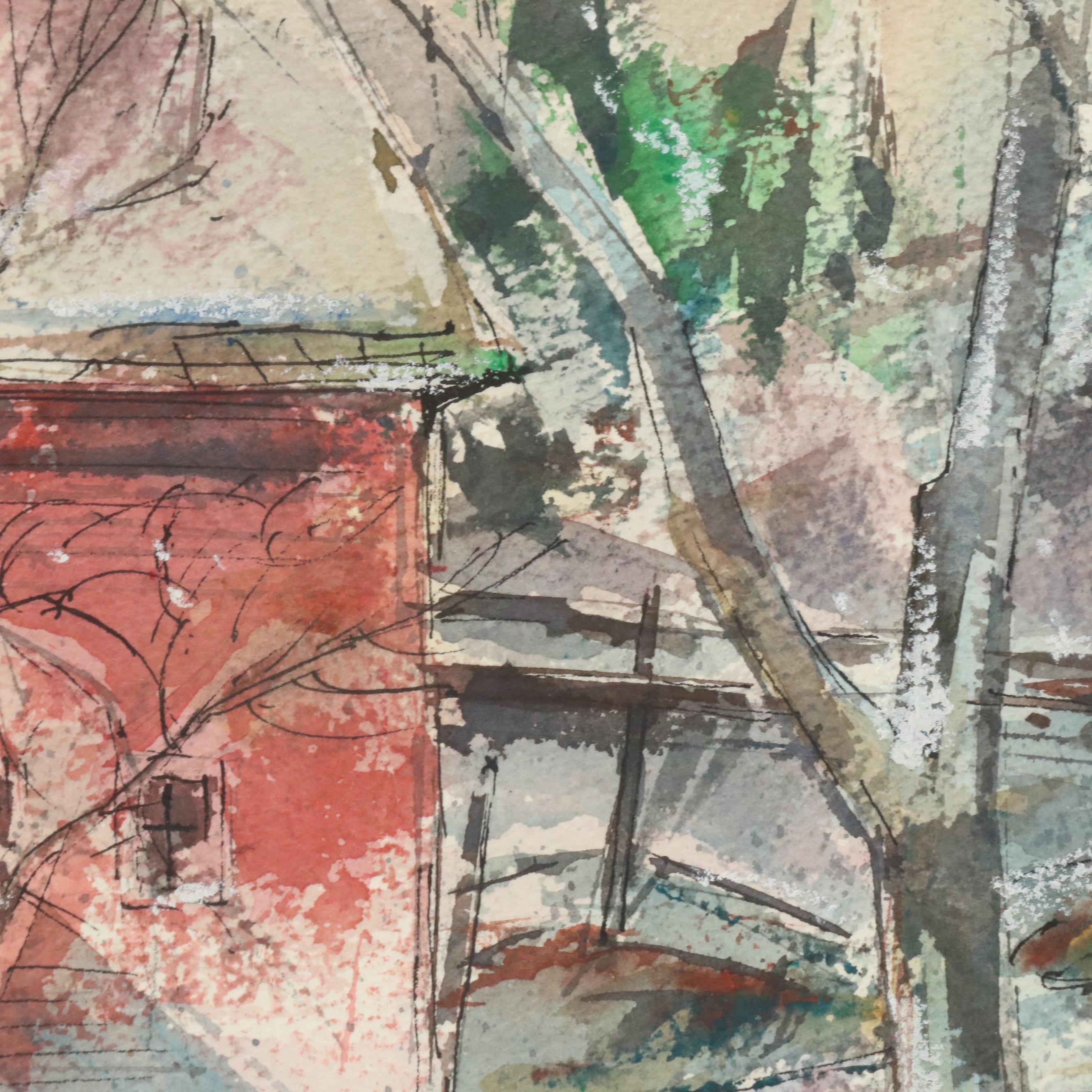 Merton W. Willmore Watercolor and Ink Painting of Snowy House Scene, Mid-20th C.