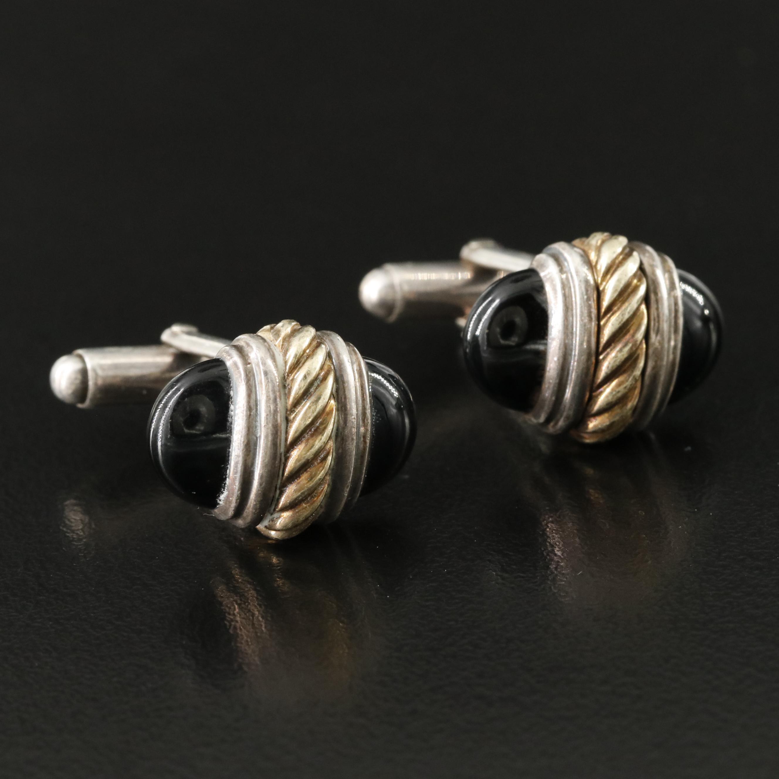 David Yurman Sterling, 14K and Black Onyx Cufflinks